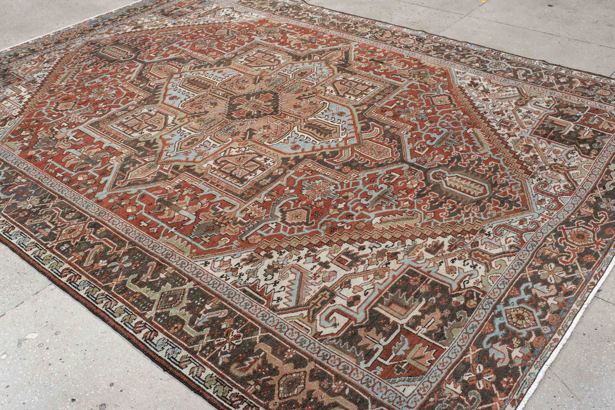 8' x 10' one-of-a-kind handmade vintage Karaje large size rug. Color palette: brown, gray, light gray, off-white, pink