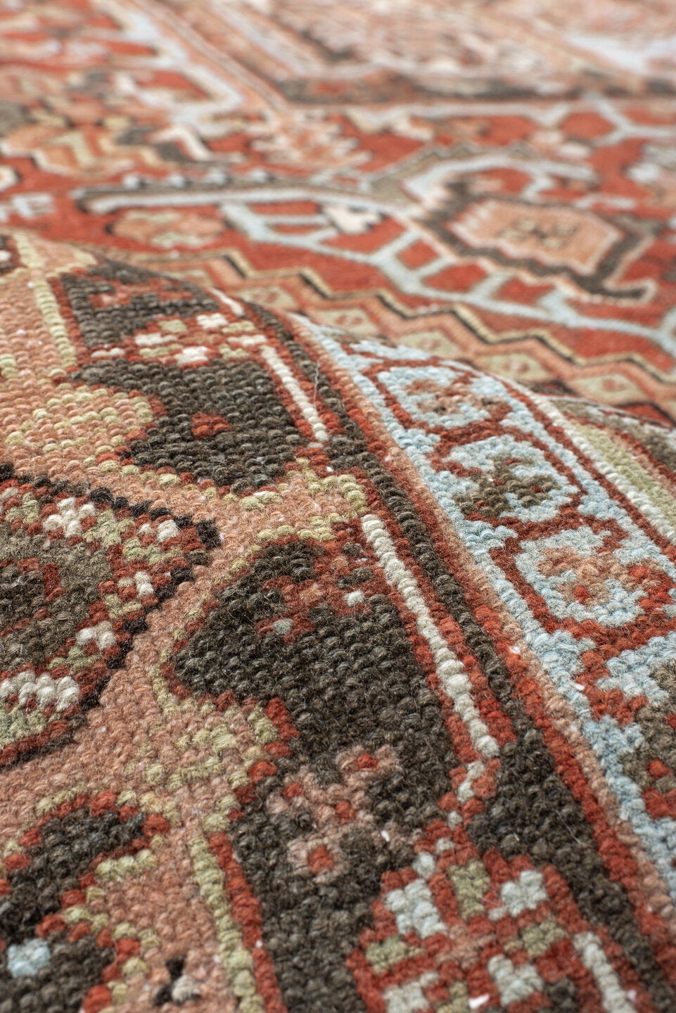 8' x 10' one-of-a-kind handmade vintage Karaje large size rug. Color palette: blue, brown, dark gray, dim gray, gray