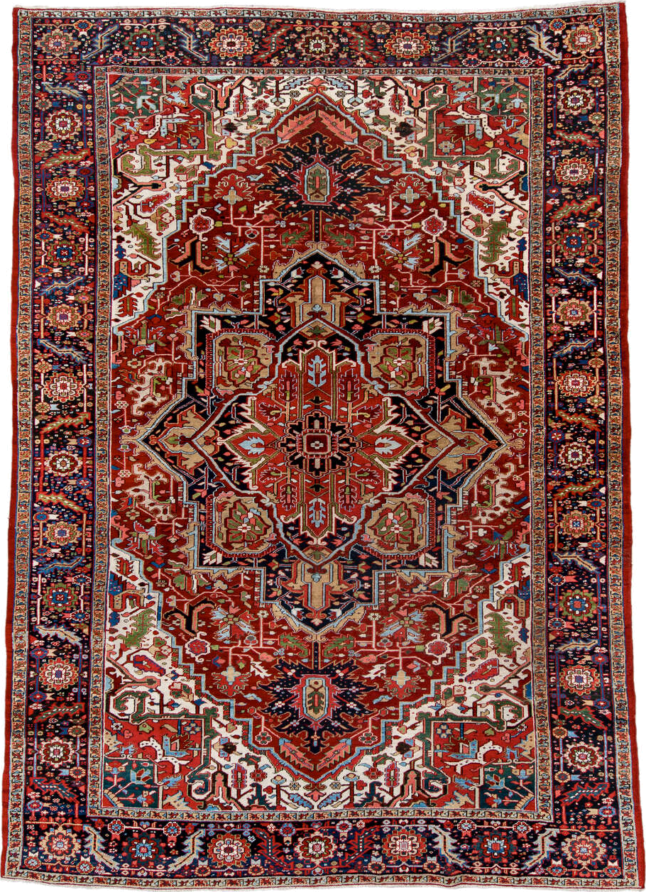 9' x 13' one-of-a-kind handmade antique Heriz large size rug. Color palette: rust, navy, ivory, brick, sage, sky blue, camel