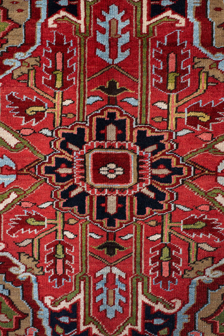 9' x 13' one-of-a-kind handmade antique Heriz large size rug. Color palette: rust, navy, ivory, brick, sage, sky blue, camel