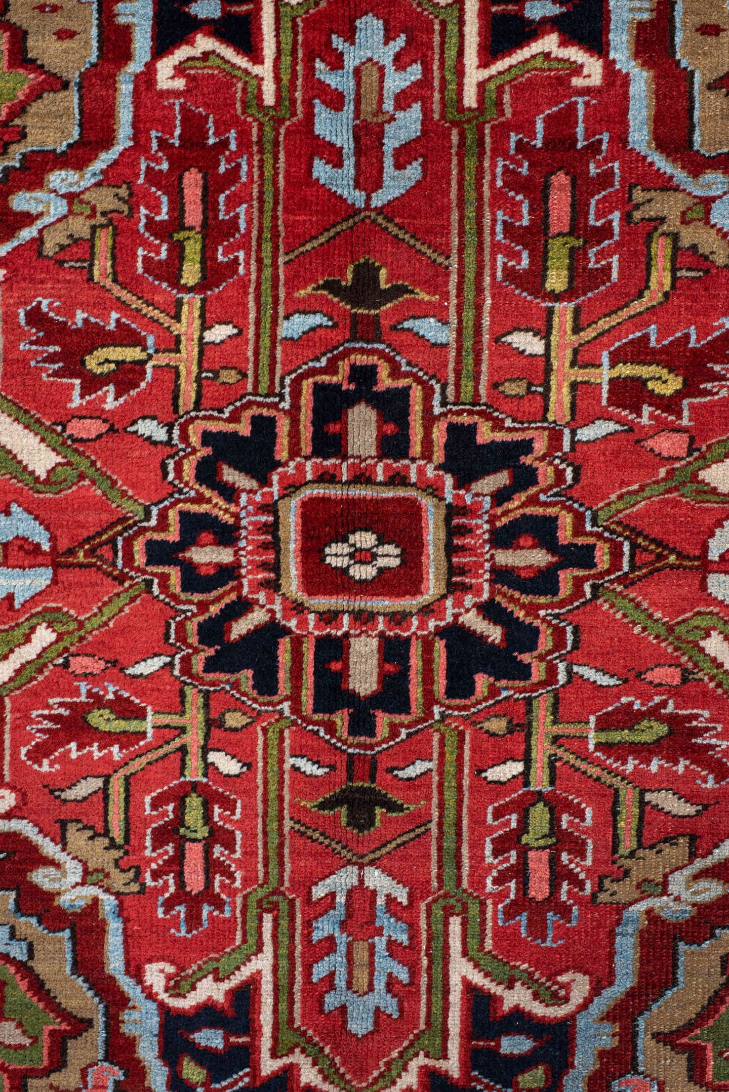 9' x 13' one-of-a-kind handmade antique Heriz large size rug. Color palette: rust, navy, ivory, brick, sage, sky blue, camel