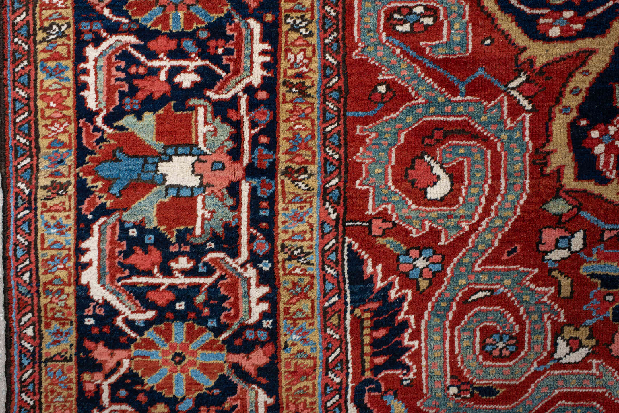 9' x 13' one-of-a-kind handmade vintage Heriz large size rug. Color palette: blue, brown, cadet blue, dark slate gray, gray