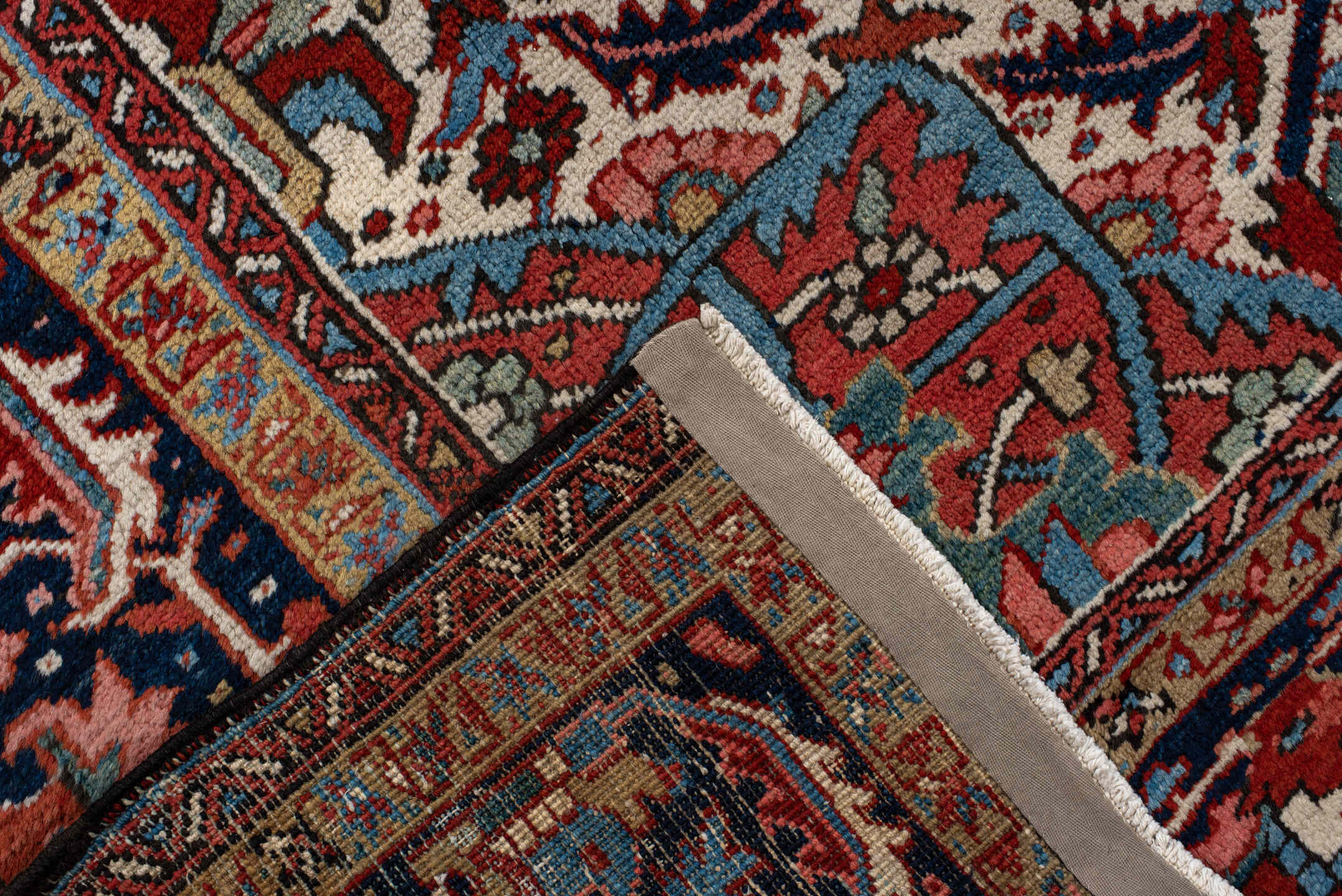 9' x 13' one-of-a-kind handmade vintage Heriz large size rug. Color palette: blue, brown, cadet blue, dark slate gray, gray