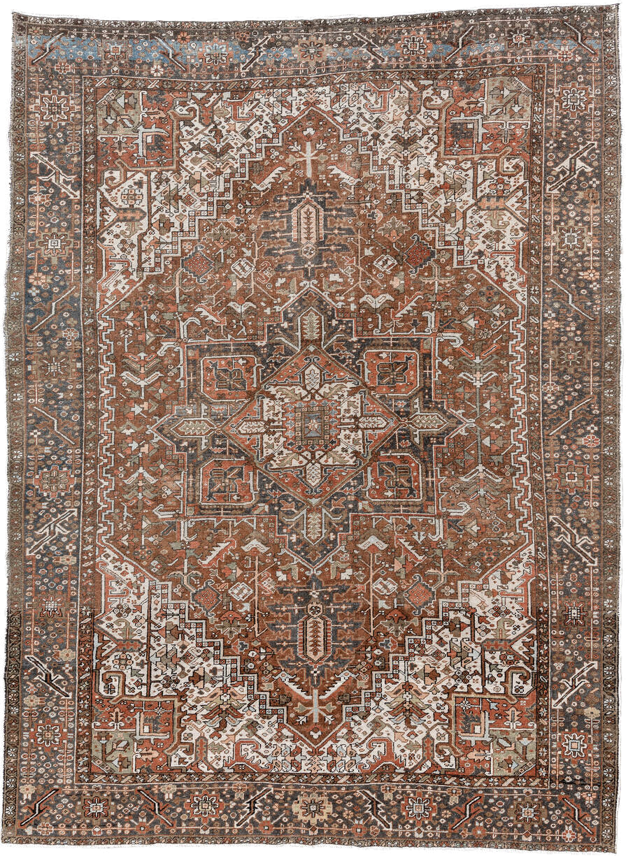 9' x 12' one-of-a-kind handmade antique Karaje large size rug. Color palette: rust, ivory, indigo, brown, terra cotta, slate