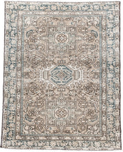 3' x 4' one-of-a-kind handmade antique Karaje small size rug. Color palette: ivory, taupe, slate, camel, brown, sage, beige