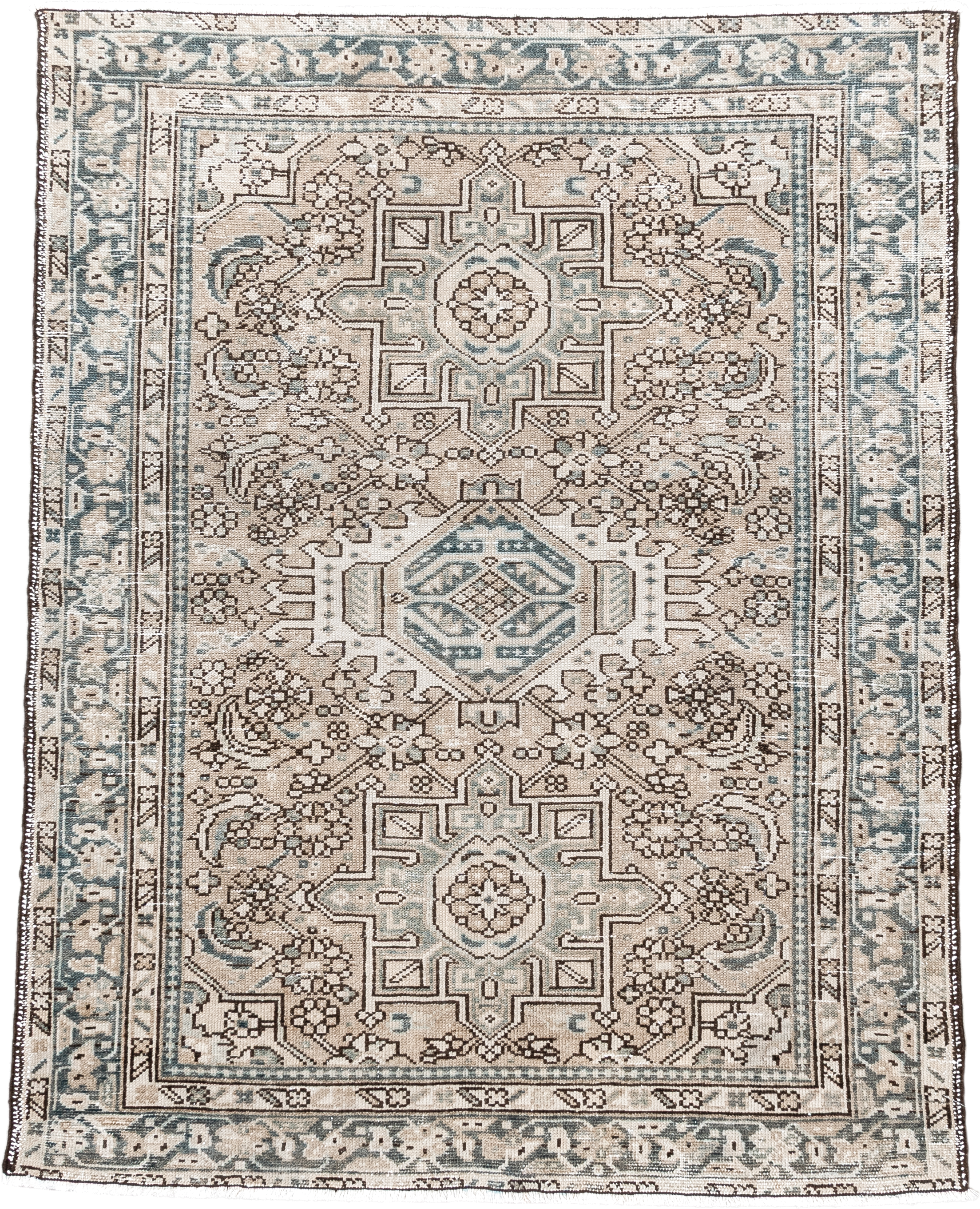 3' x 4' one-of-a-kind handmade antique Karaje small size rug. Color palette: ivory, taupe, slate, camel, brown, sage, beige