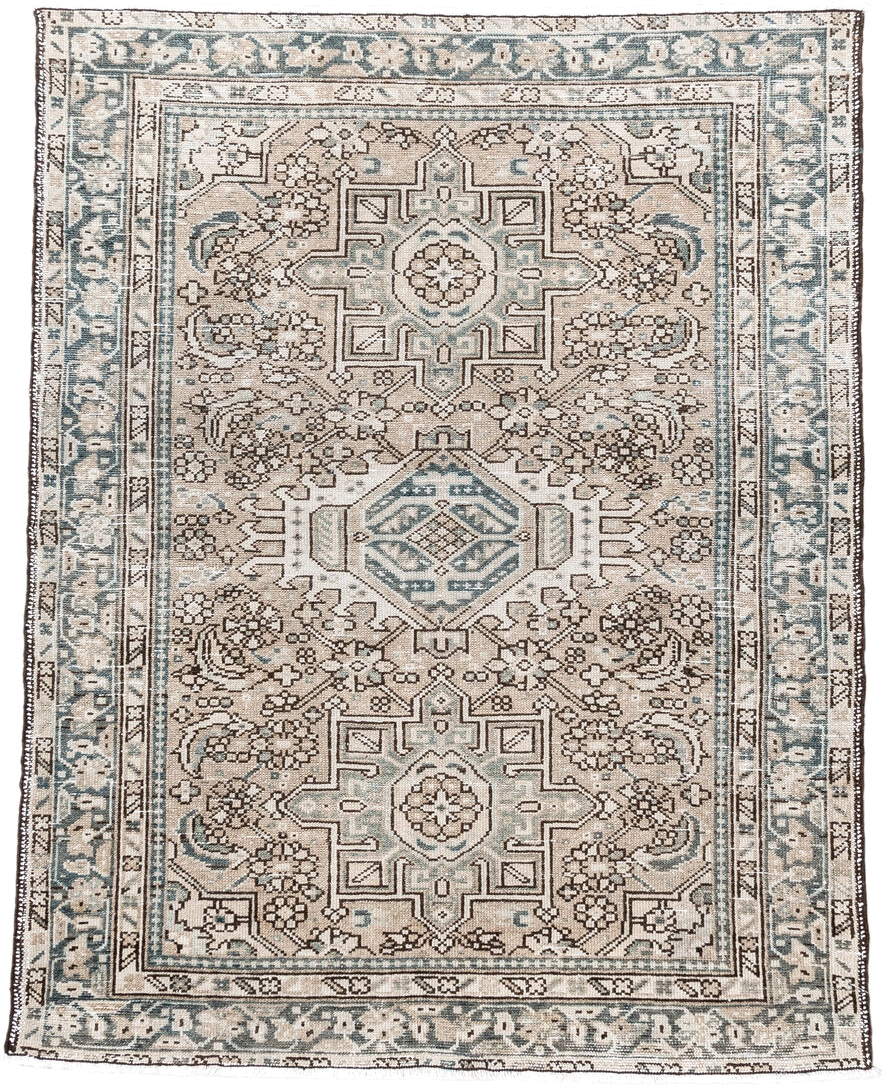 3' x 4' one-of-a-kind handmade antique Karaje small size rug. Color palette: ivory, taupe, slate, camel, brown, sage, beige