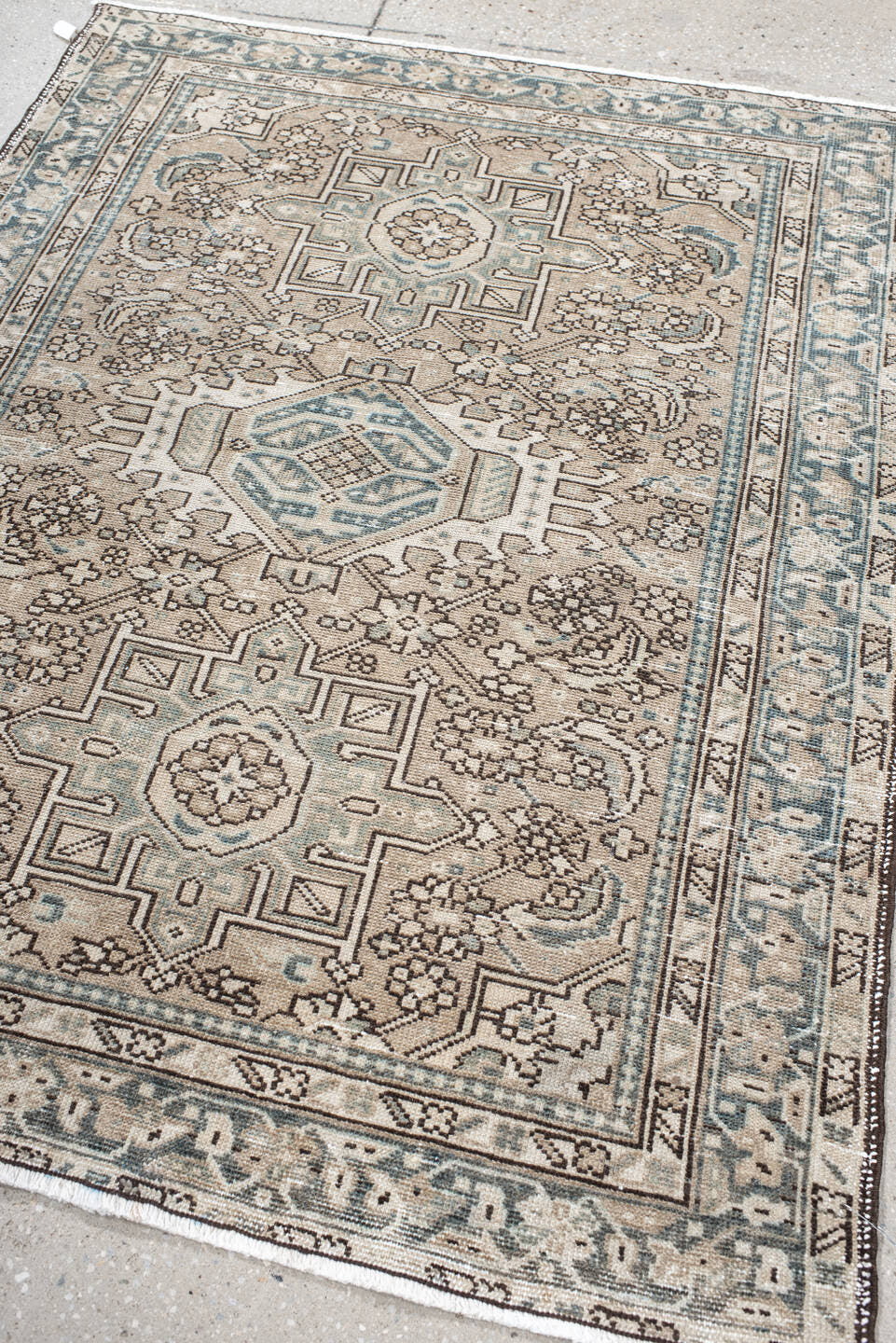 3' x 4' one-of-a-kind handmade antique Karaje small size rug. Color palette: ivory, taupe, slate, camel, brown, sage, beige