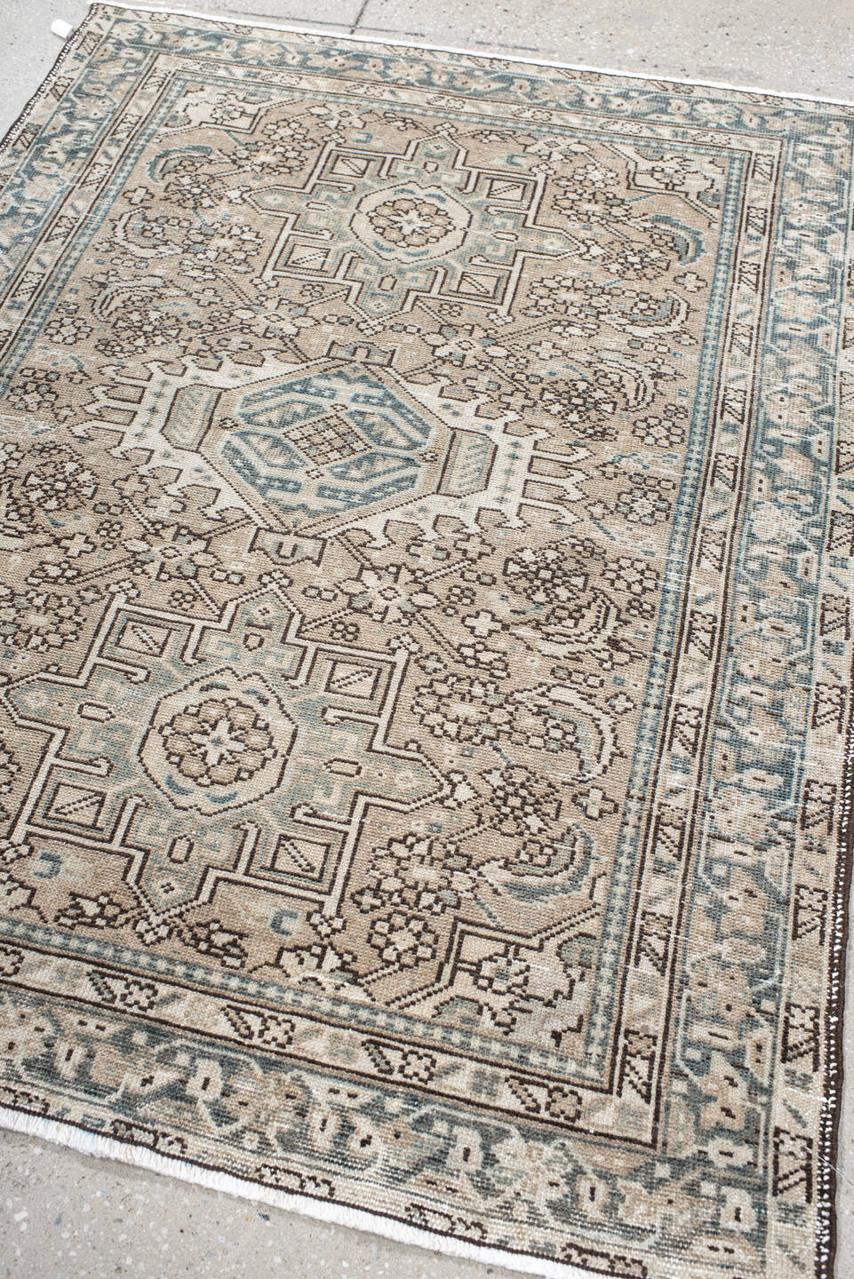 3' x 4' one-of-a-kind handmade antique Karaje small size rug. Color palette: ivory, taupe, slate, camel, brown, sage, beige