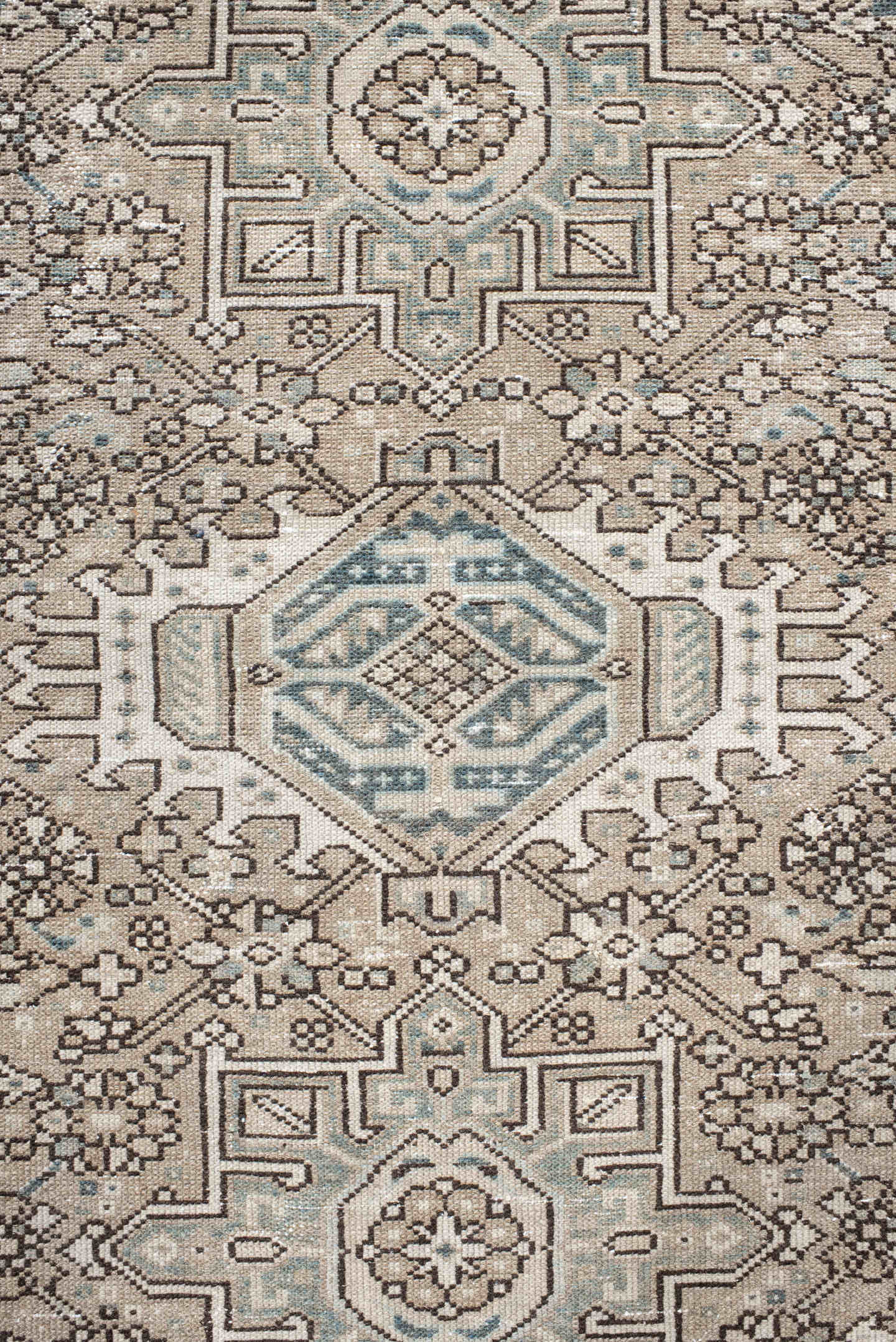 3' x 4' one-of-a-kind handmade antique Karaje small size rug. Color palette: ivory, taupe, slate, camel, brown, sage, beige