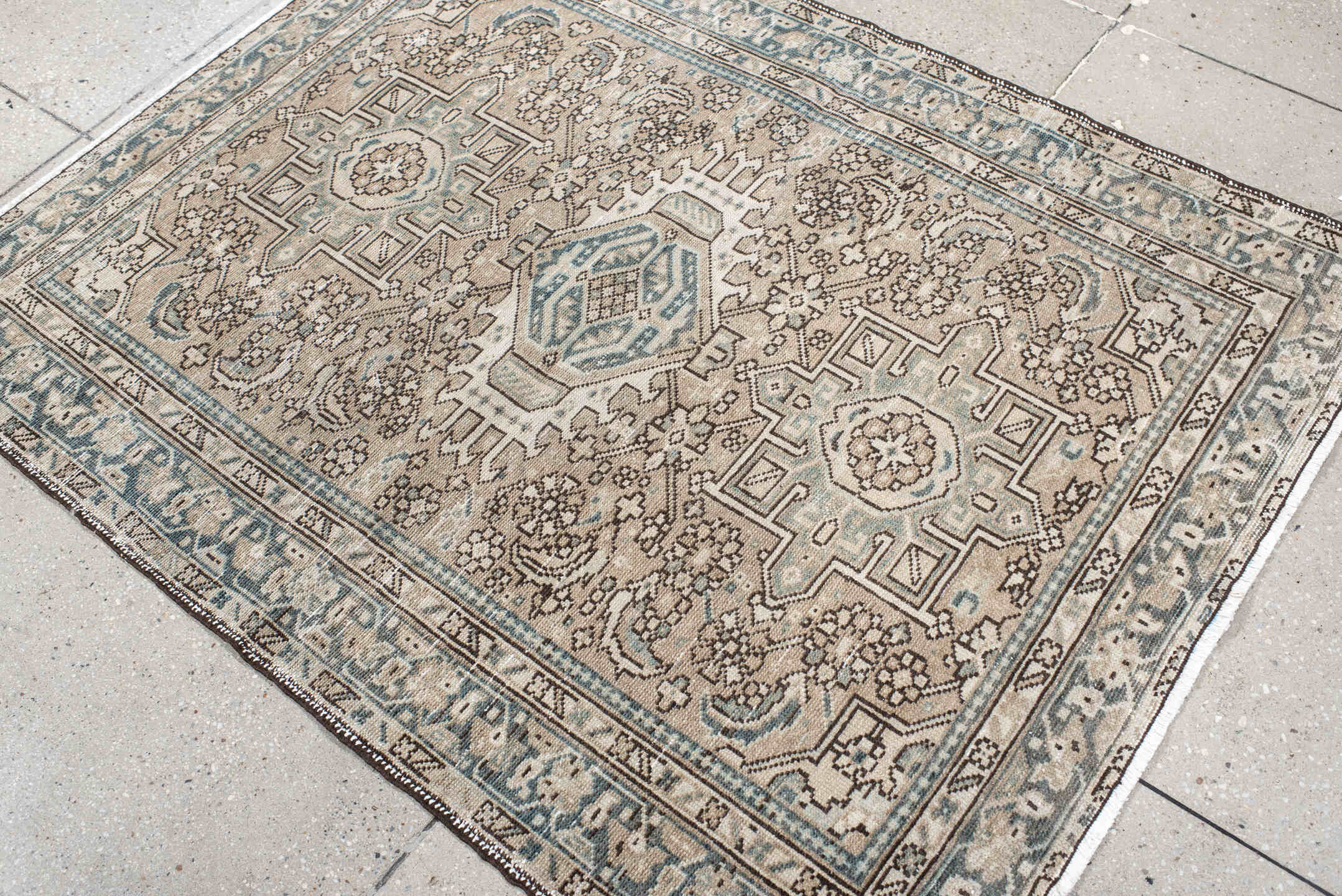 3' x 4' one-of-a-kind handmade antique Karaje small size rug. Color palette: ivory, taupe, slate, camel, brown, sage, beige