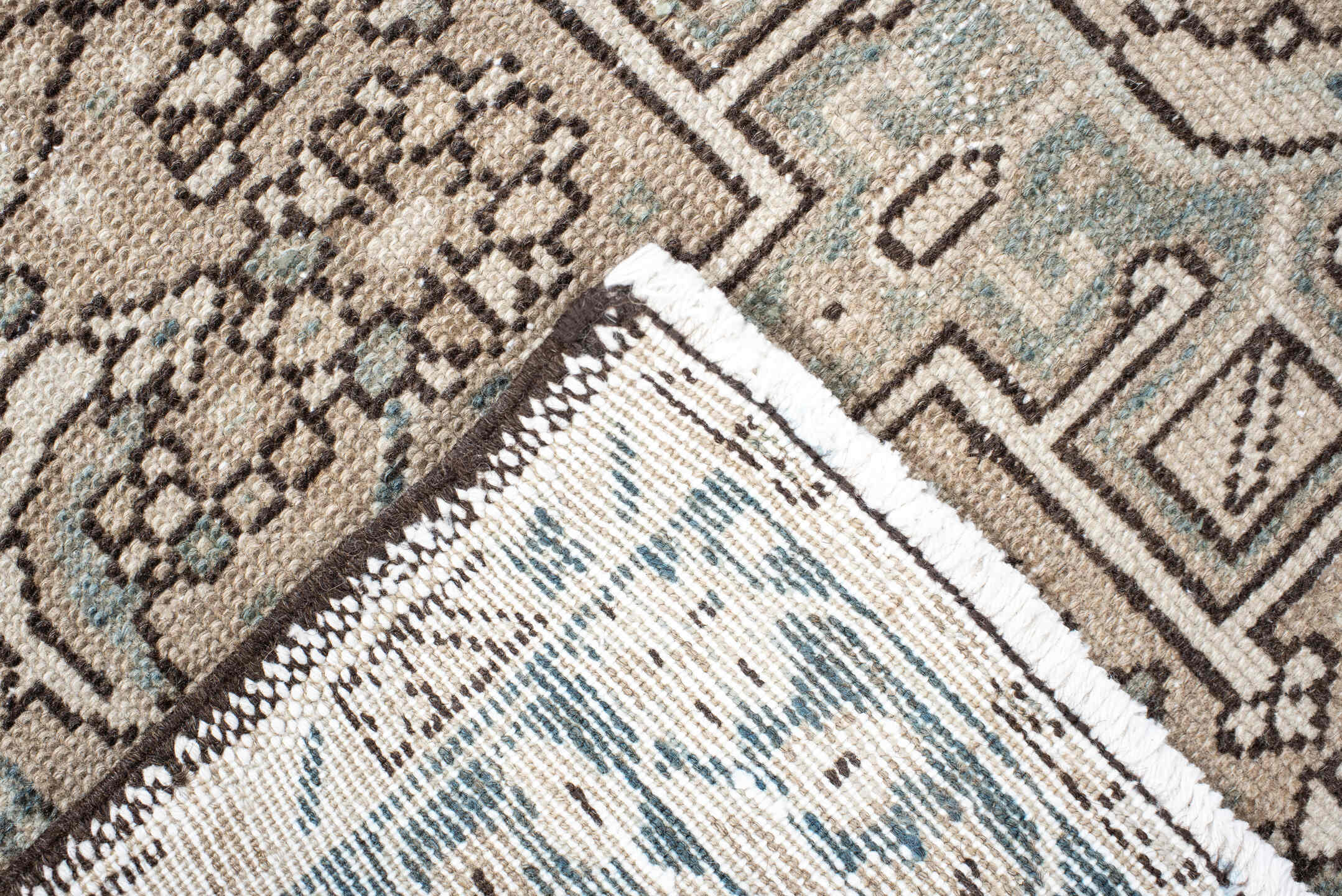 3' x 4' one-of-a-kind handmade antique Karaje small size rug. Color palette: ivory, taupe, slate, camel, brown, sage, beige