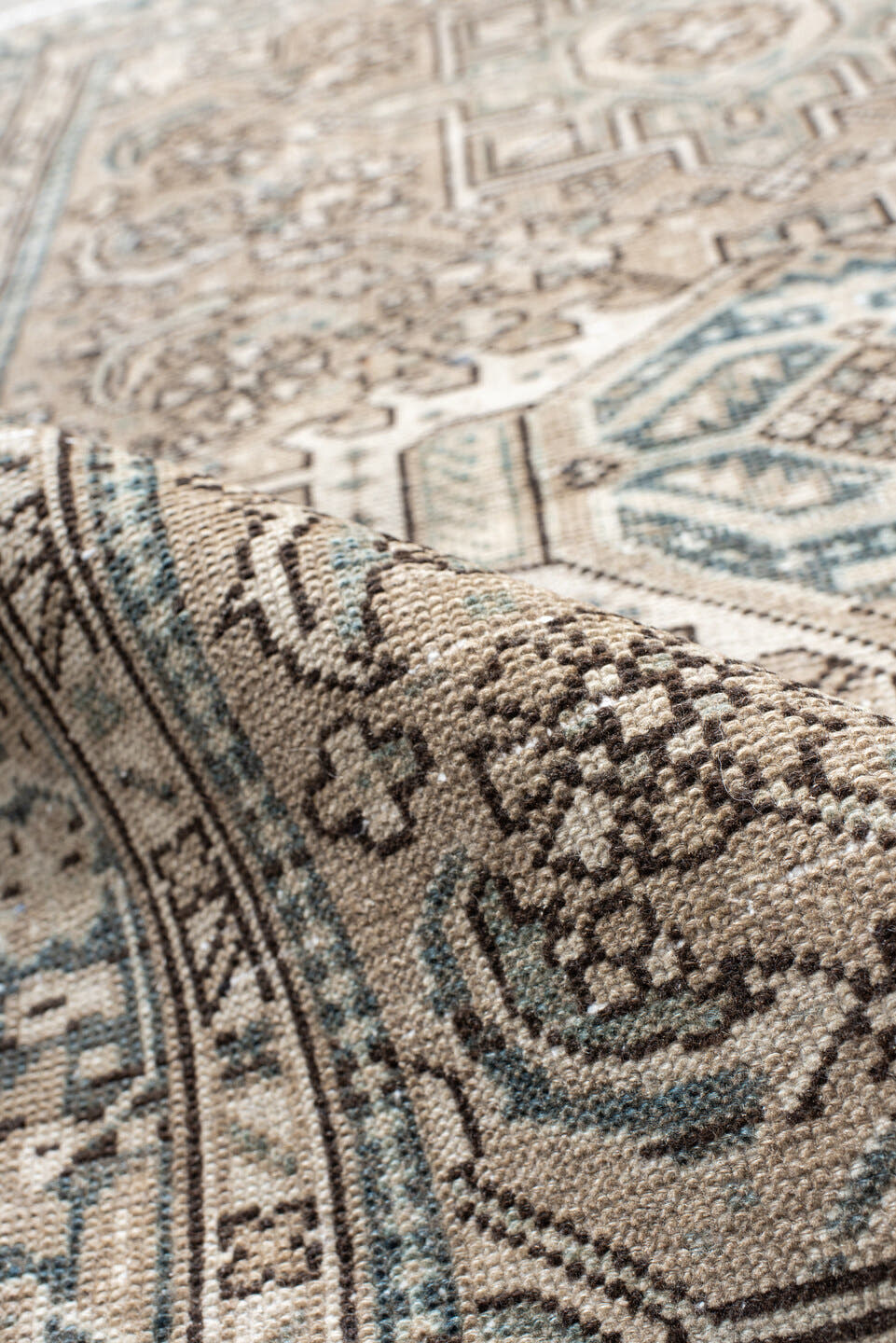3' x 4' one-of-a-kind handmade antique Karaje small size rug. Color palette: ivory, taupe, slate, camel, brown, sage, beige