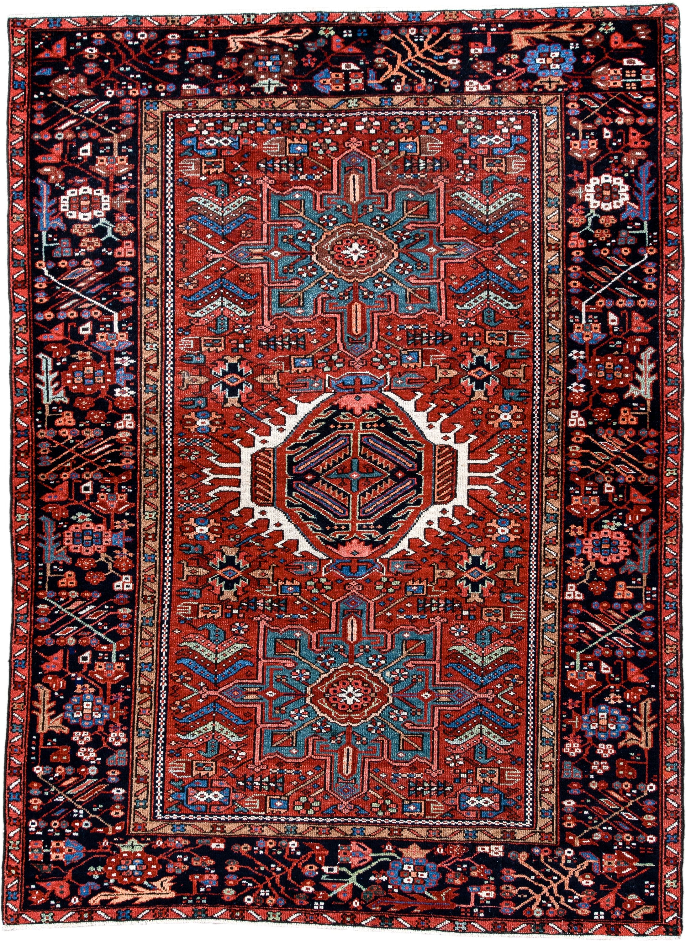 4' x 6' one-of-a-kind handmade antique Karaje small size rug. Color palette: rust, navy, ivory, sky_blue, crimson, teal