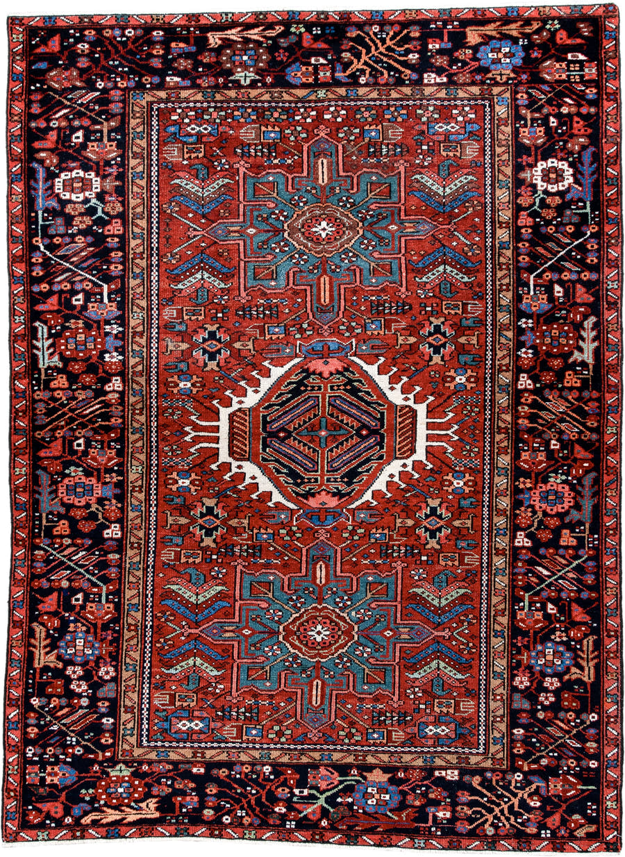 4' x 6' one-of-a-kind handmade antique Karaje small size rug. Color palette: rust, navy, ivory, sky_blue, crimson, teal