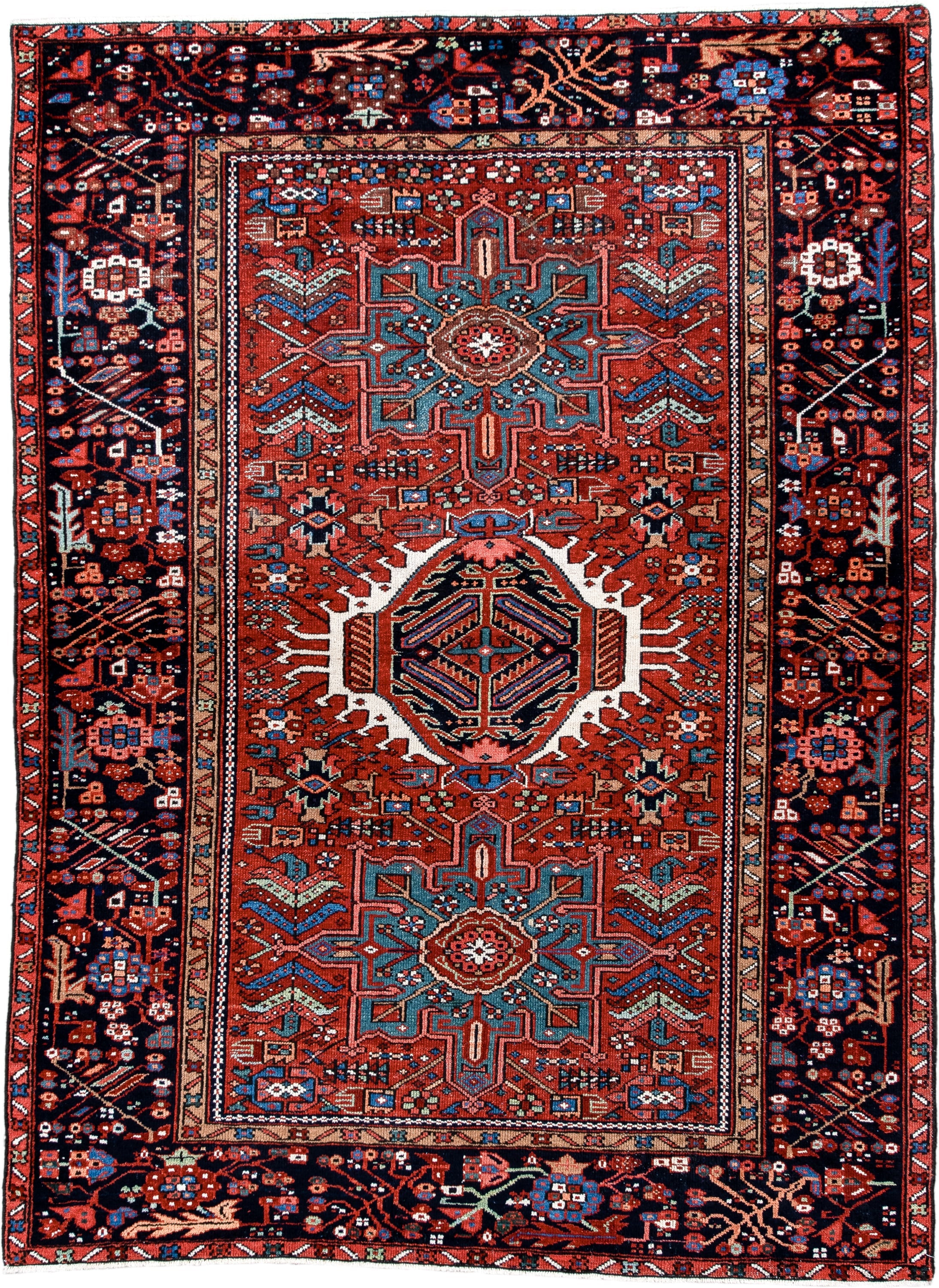 4' x 6' one-of-a-kind handmade antique Karaje small size rug. Color palette: rust, navy, ivory, sky_blue, crimson, teal