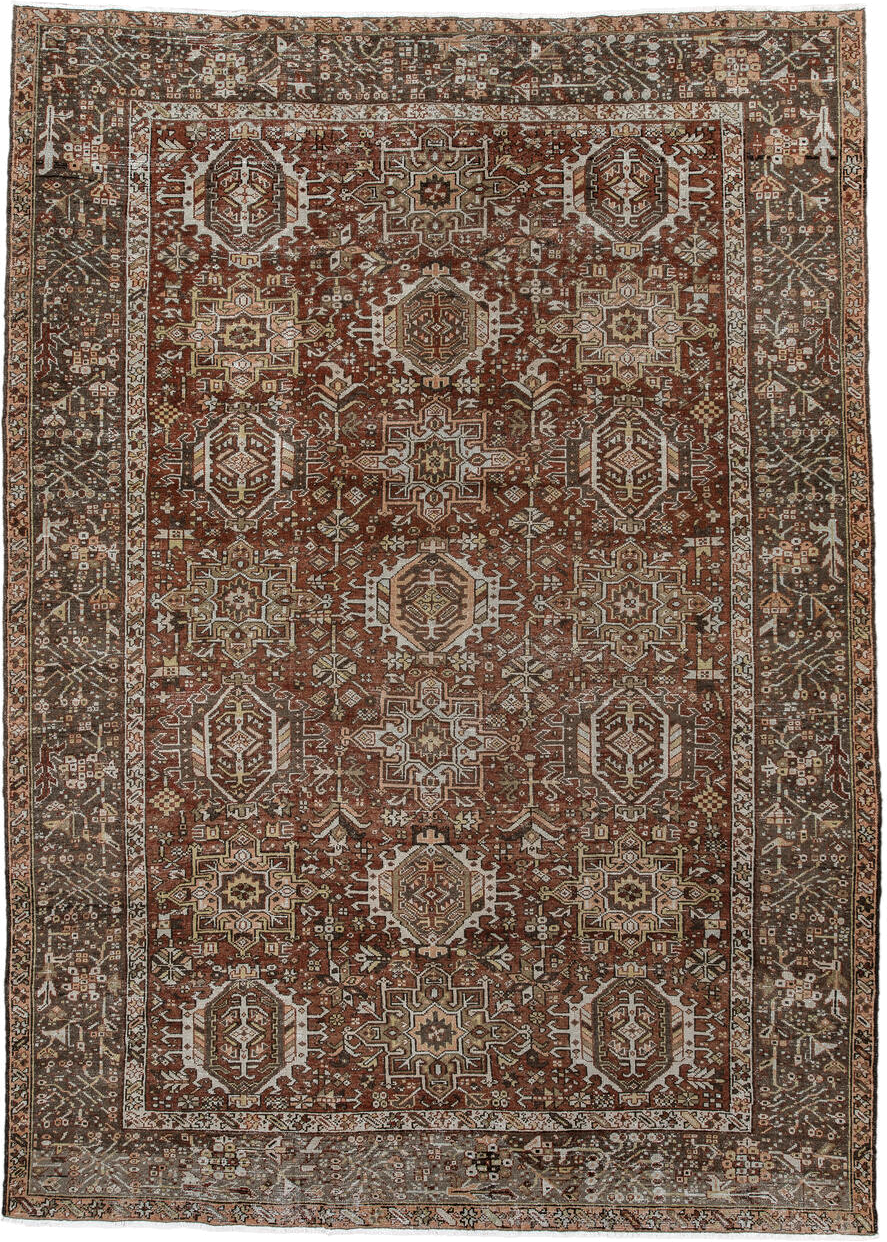 7' x 9' one-of-a-kind handmade antique Karaje rug. Color palette: rust, brown, ivory, taupe, camel, charcoal, terracotta