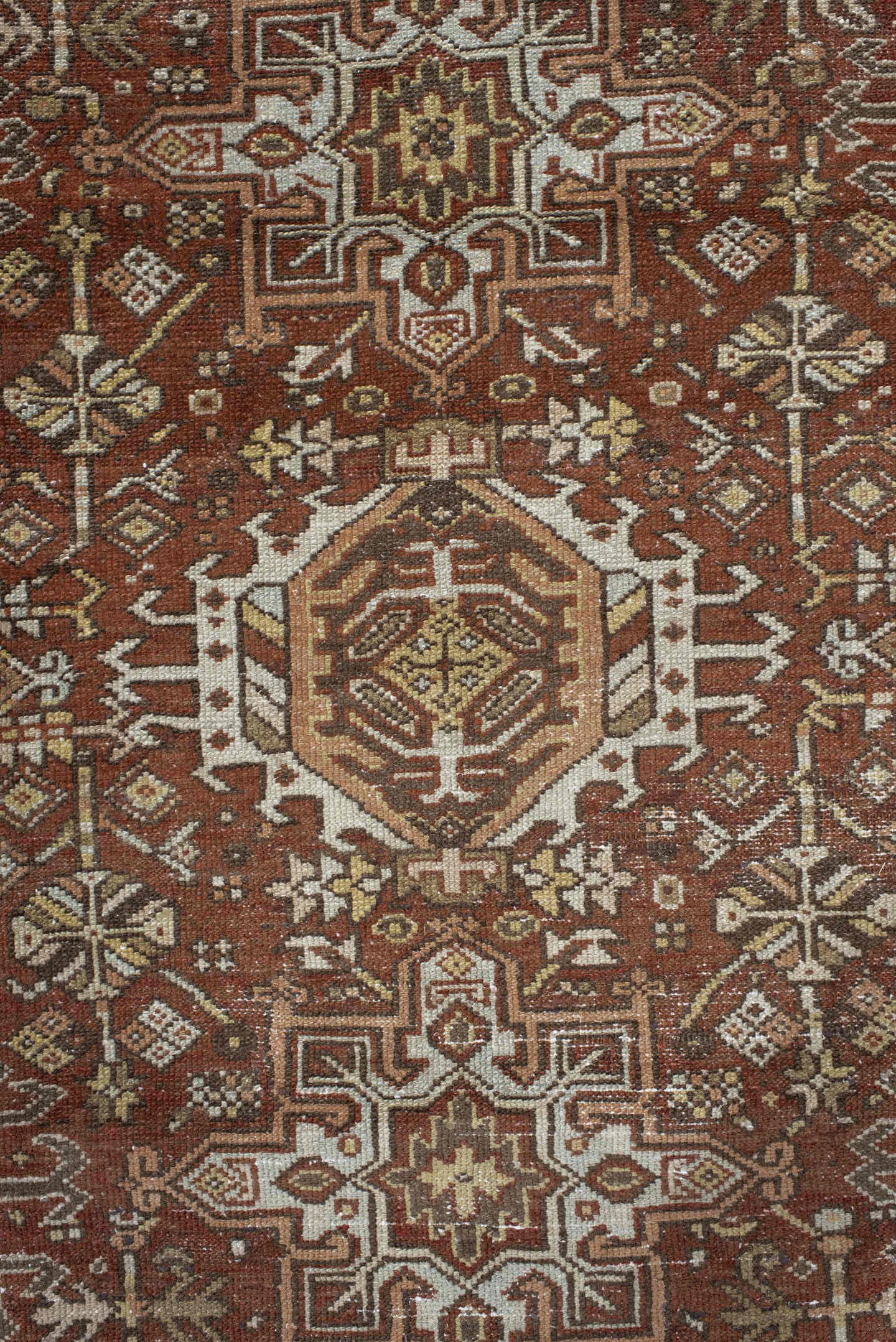 7' x 9' one-of-a-kind handmade antique Karaje rug. Color palette: rust, brown, ivory, taupe, camel, charcoal, terracotta