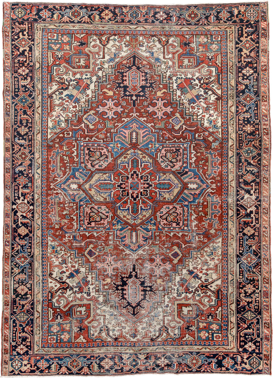 7' x 10' one-of-a-kind handmade antique Heriz large size rug. Color palette: rust, ivory, navy, sky_blue, brick, coral