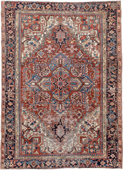 7' x 10' one-of-a-kind handmade antique Heriz large size rug. Color palette: rust, ivory, navy, sky_blue, brick, coral