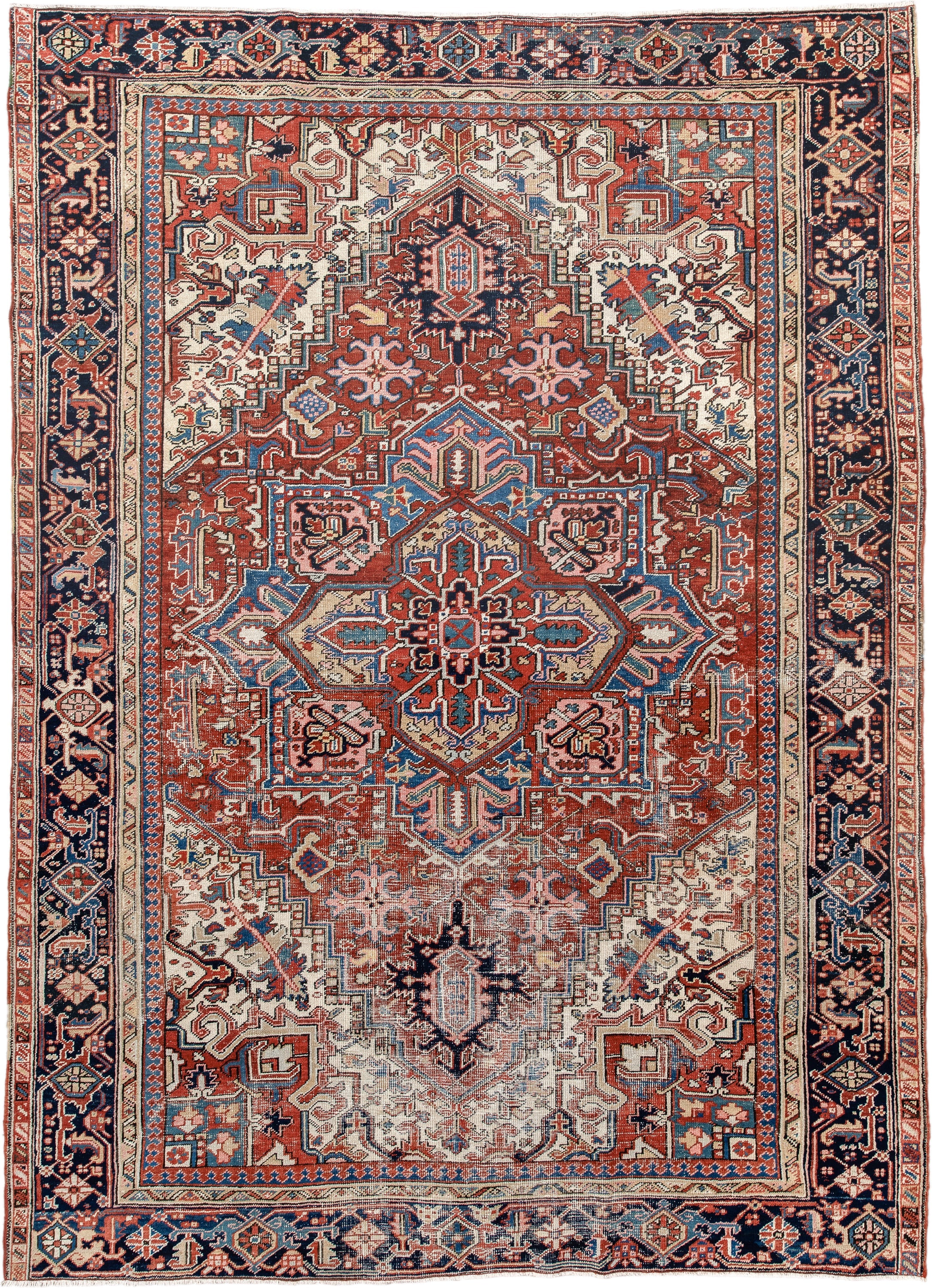 7' x 10' one-of-a-kind handmade antique Heriz large size rug. Color palette: rust, ivory, navy, sky_blue, brick, coral