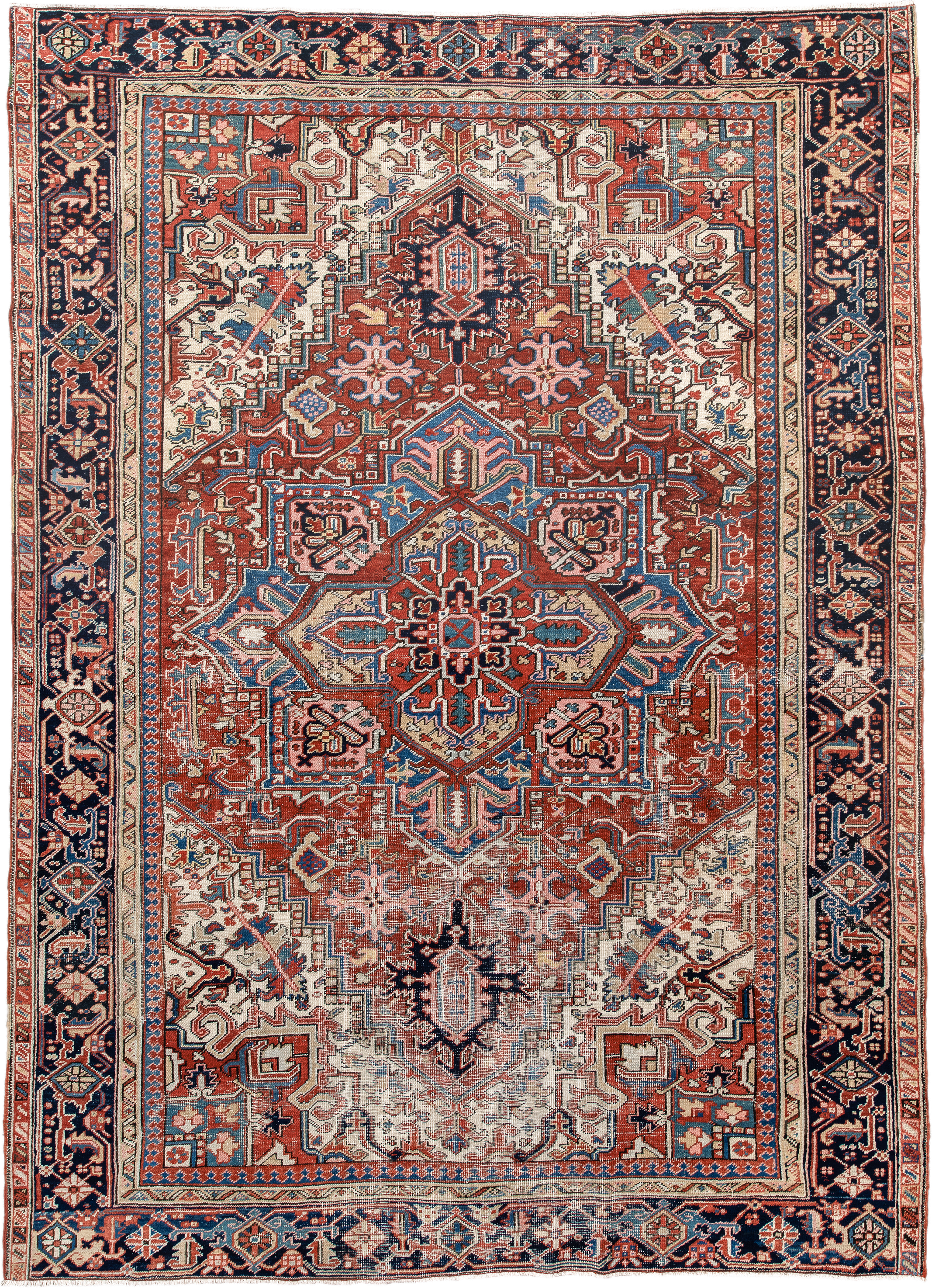 7' x 10' one-of-a-kind handmade antique Heriz large size rug. Color palette: rust, ivory, navy, sky_blue, brick, coral