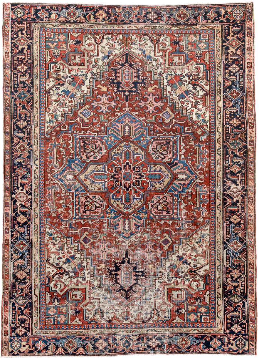 7' x 10' one-of-a-kind handmade antique Heriz large size rug. Color palette: rust, ivory, navy, sky_blue, brick, coral