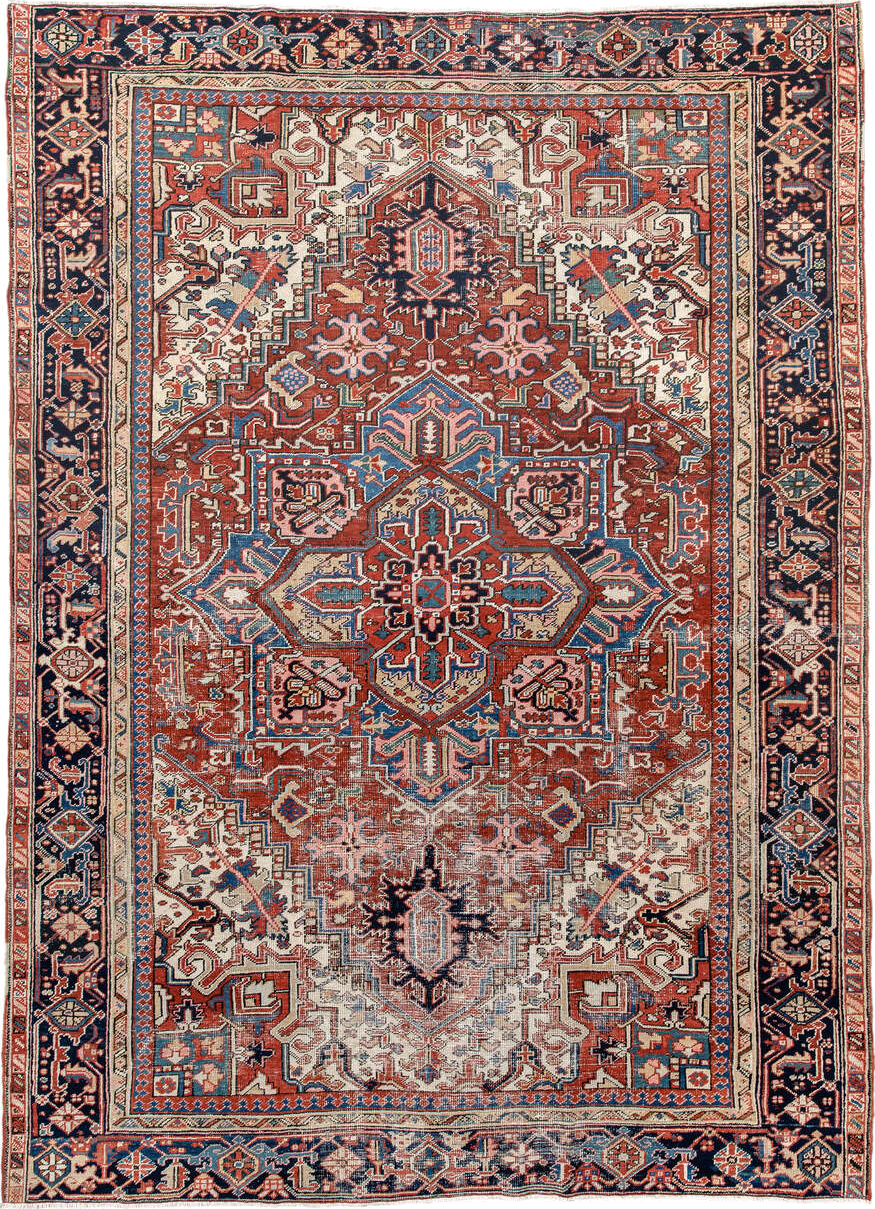 7' x 10' one-of-a-kind handmade vintage Heriz large size rug. Color palette: black, blue, brown, fiord, gray, light gray