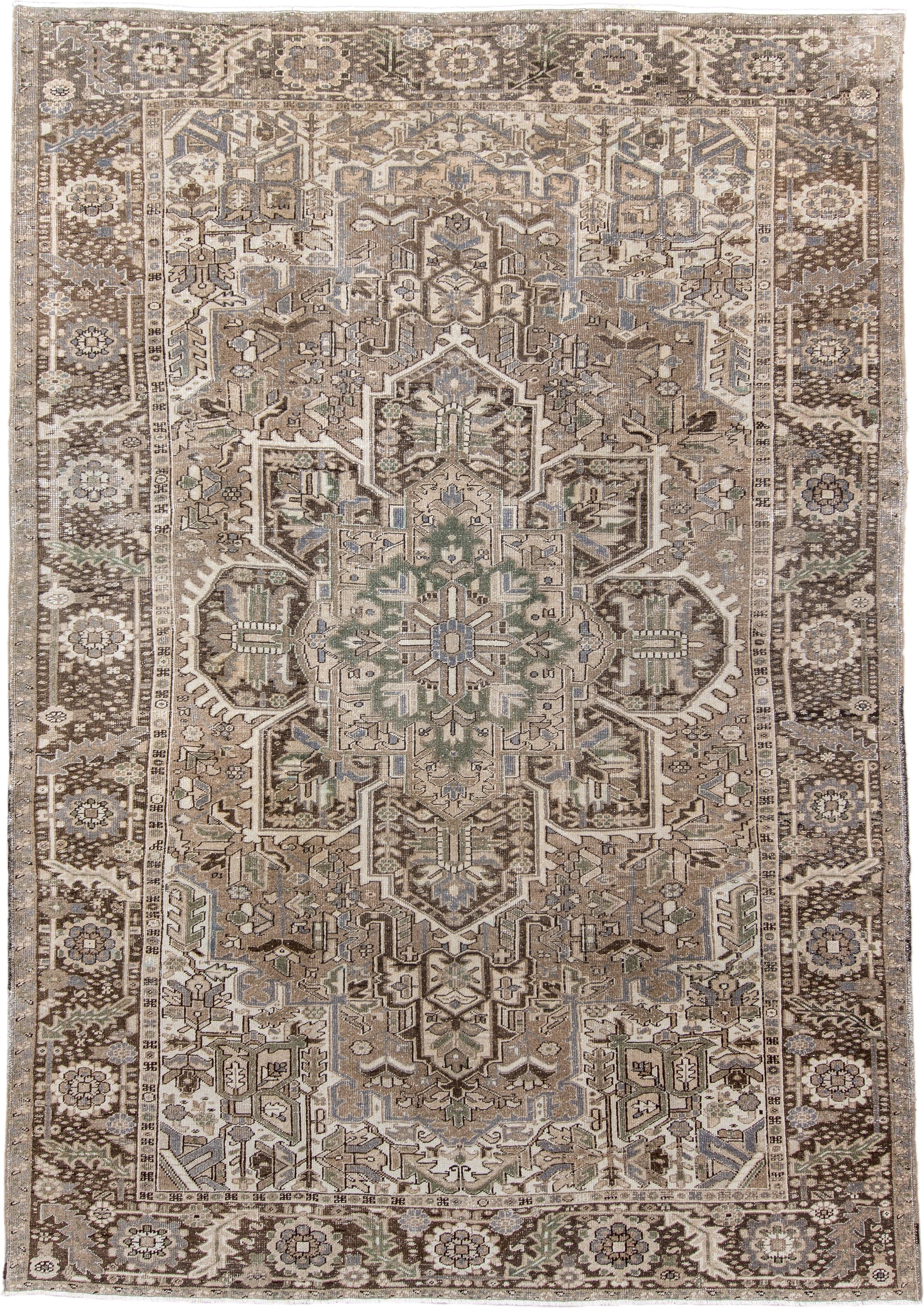 8' x 11' one-of-a-kind handmade antique Heriz large size rug. Color palette: taupe, brown, ivory, slate, sage, camel, beige