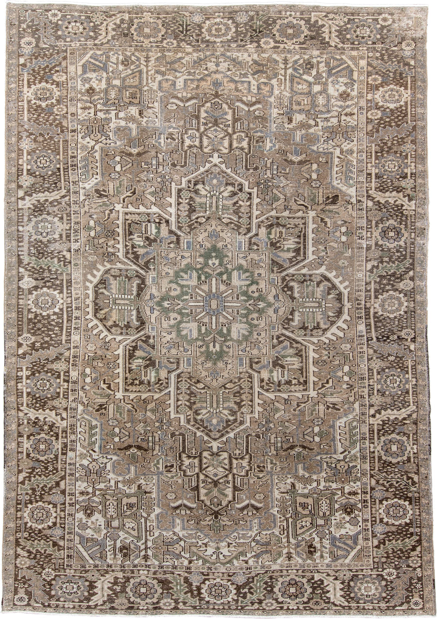 8' x 11' one-of-a-kind handmade antique Heriz large size rug. Color palette: taupe, brown, ivory, slate, sage, camel, beige