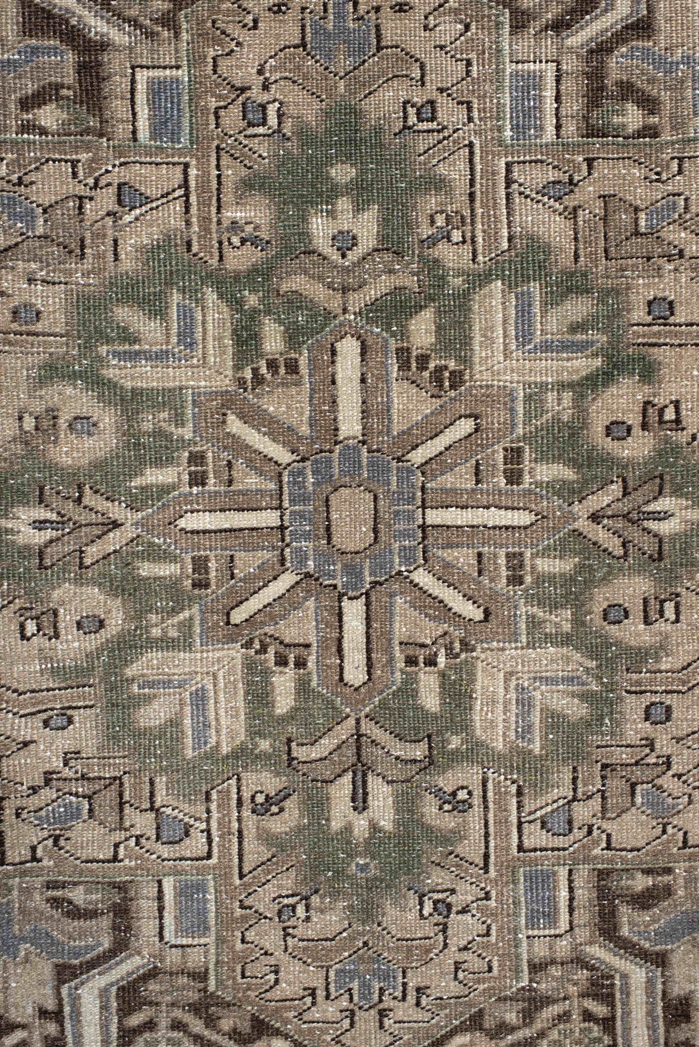 8' x 11' one-of-a-kind handmade antique Heriz large size rug. Color palette: taupe, brown, ivory, slate, sage, camel, beige