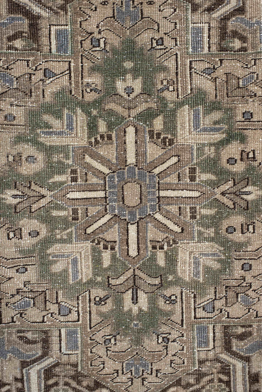 8' x 11' one-of-a-kind handmade antique Heriz large size rug. Color palette: taupe, brown, ivory, slate, sage, camel, beige