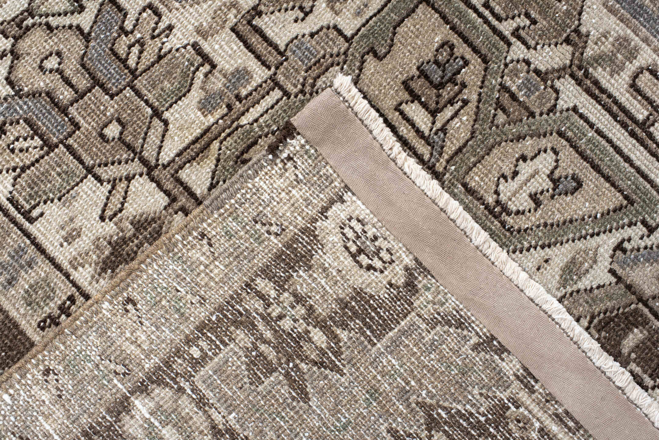 8' x 11' one-of-a-kind handmade antique Heriz large size rug. Color palette: taupe, brown, ivory, slate, sage, camel, beige