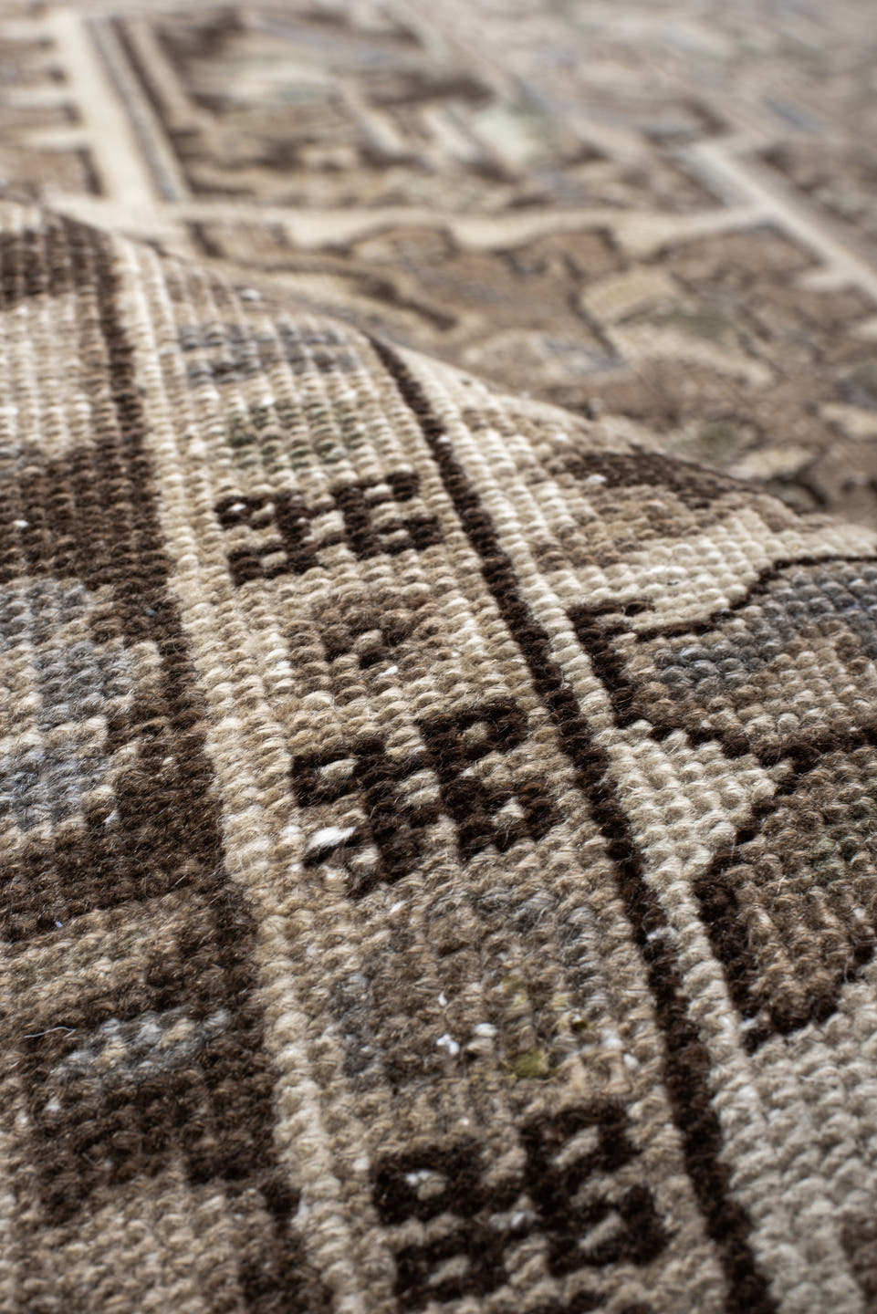 8' x 11' one-of-a-kind handmade antique Heriz large size rug. Color palette: taupe, brown, ivory, slate, sage, camel, beige
