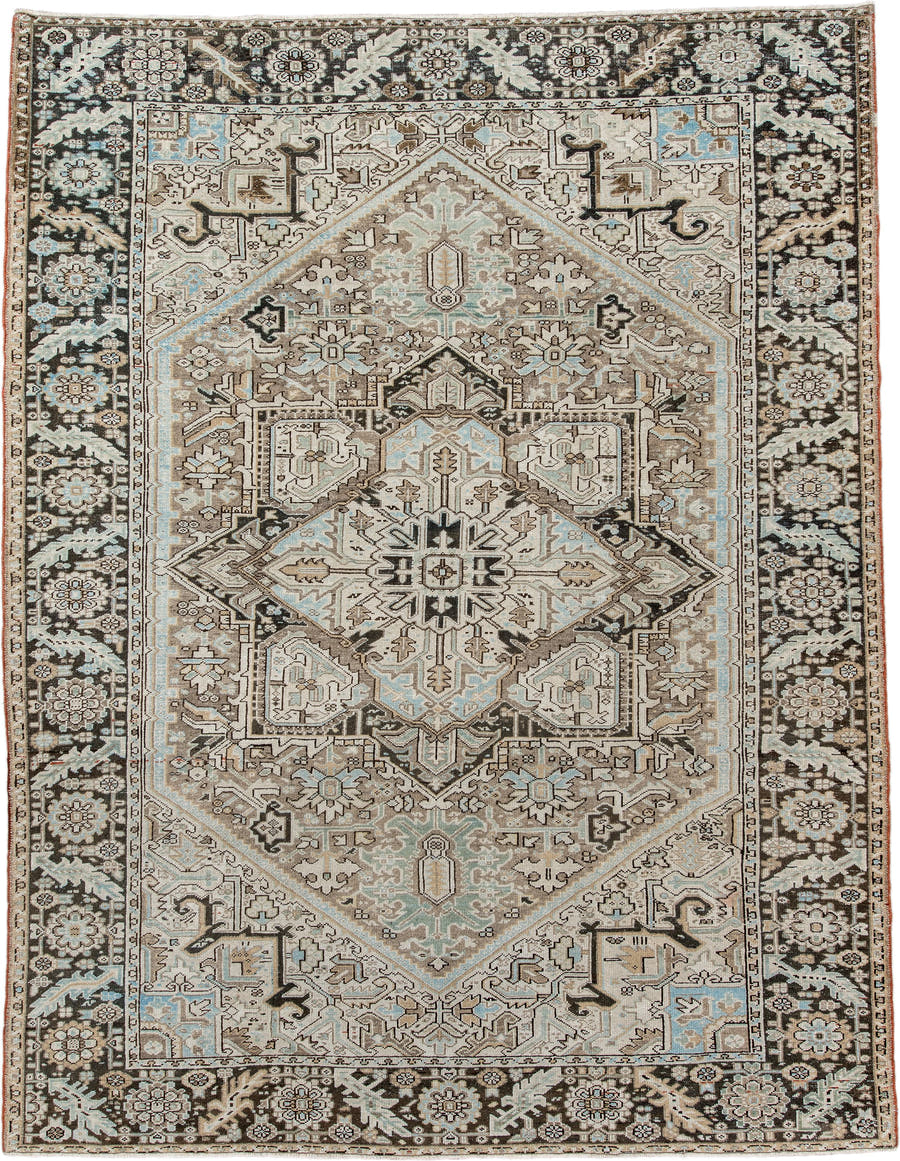 8' x 10' one-of-a-kind handmade antique Karaje large size rug. Color palette: ivory, taupe, charcoal, sky_blue, camel, brown