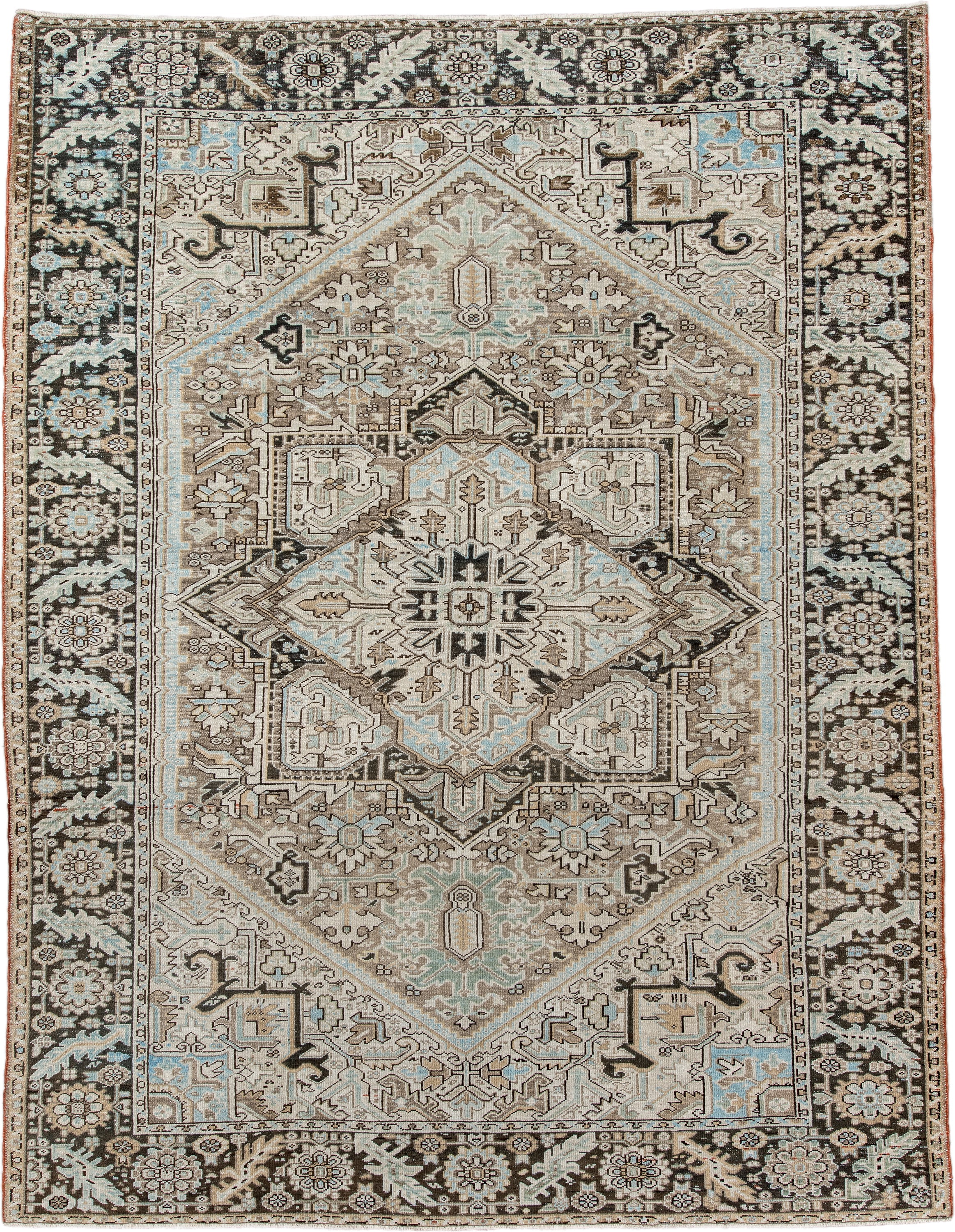 8' x 10' one-of-a-kind handmade antique Karaje large size rug. Color palette: ivory, taupe, charcoal, sky_blue, camel, brown