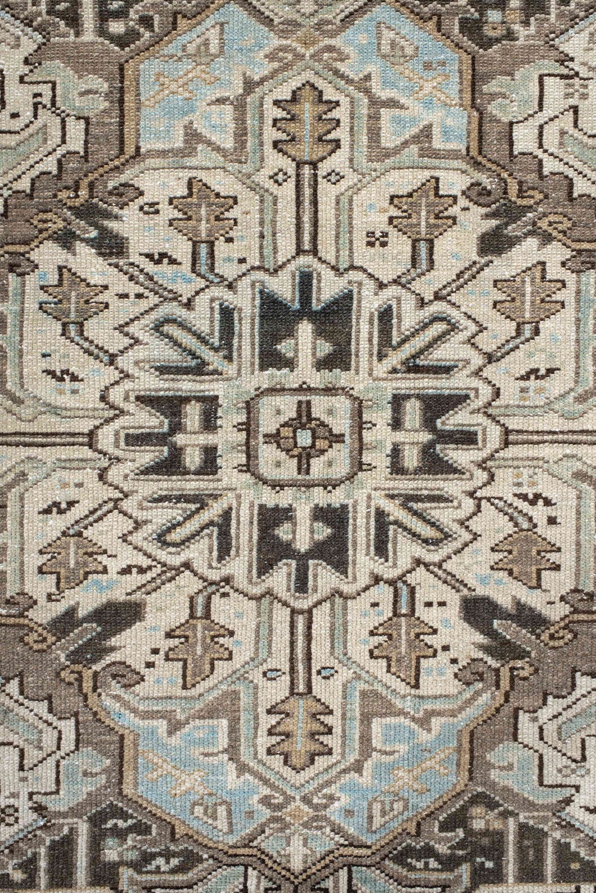 8' x 10' one-of-a-kind handmade antique Karaje large size rug. Color palette: ivory, taupe, charcoal, sky_blue, camel, brown