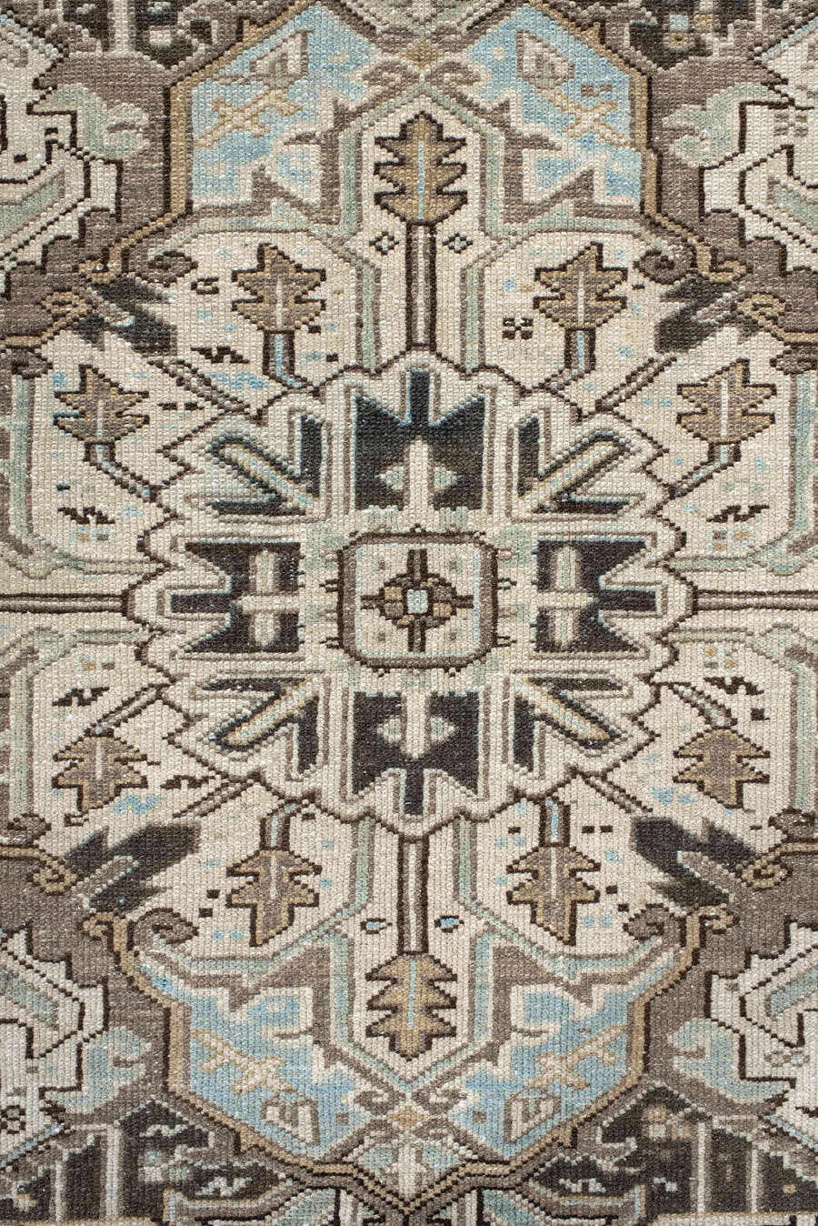 8' x 10' one-of-a-kind handmade antique Karaje large size rug. Color palette: ivory, taupe, charcoal, sky_blue, camel, brown