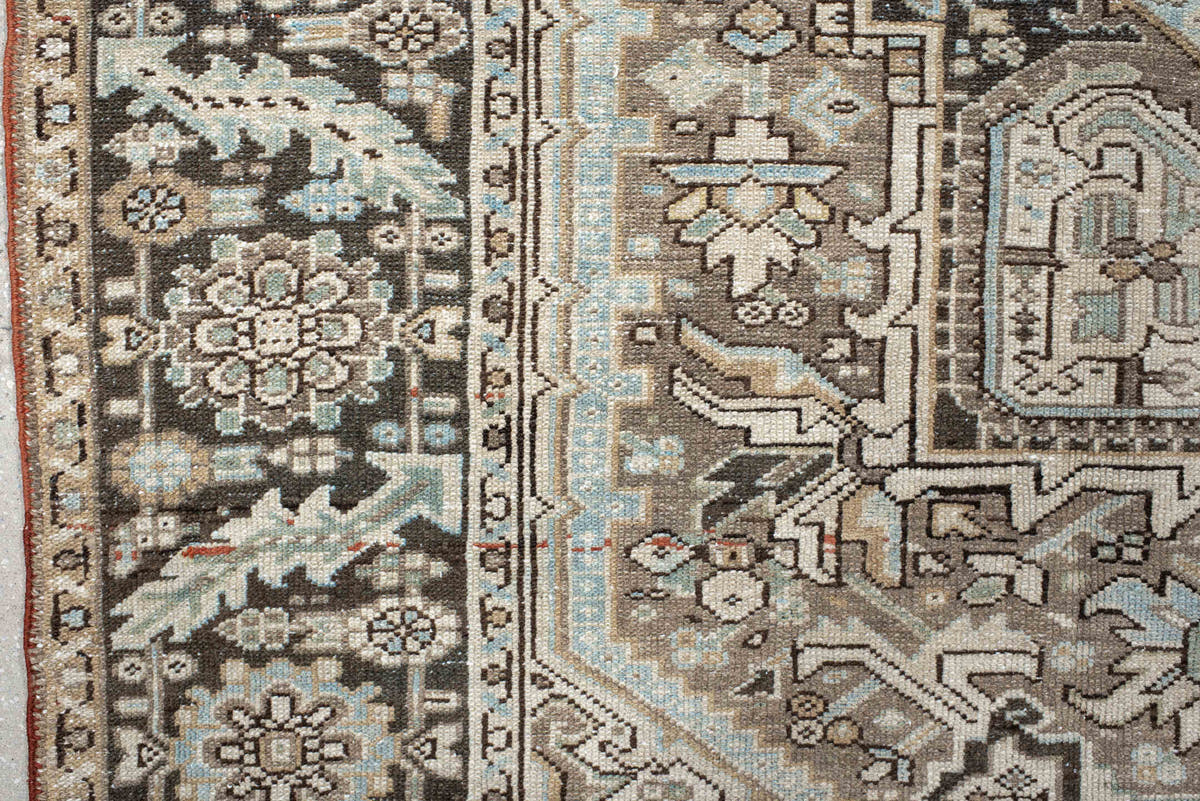 8' x 10' one-of-a-kind handmade antique Karaje large size rug. Color palette: ivory, taupe, charcoal, sky_blue, camel, brown