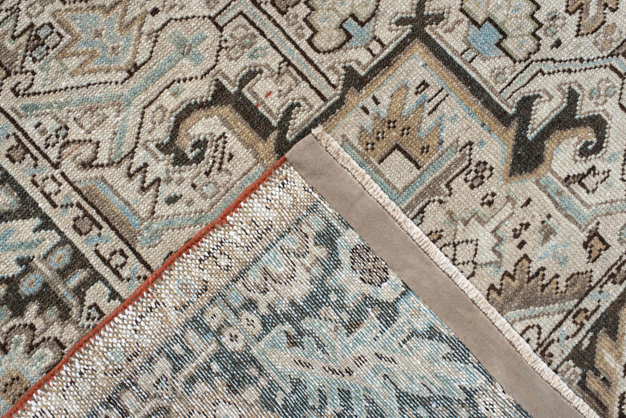 8' x 10' one-of-a-kind handmade antique Karaje large size rug. Color palette: ivory, taupe, charcoal, sky_blue, camel, brown