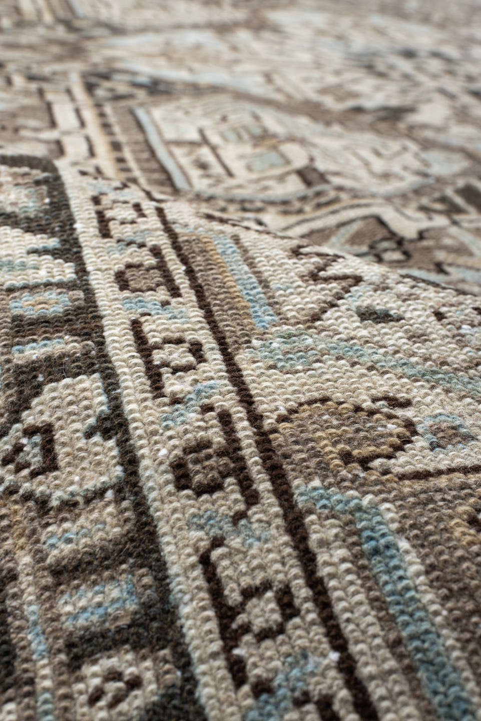 8' x 10' one-of-a-kind handmade antique Karaje large size rug. Color palette: ivory, taupe, charcoal, sky_blue, camel, brown