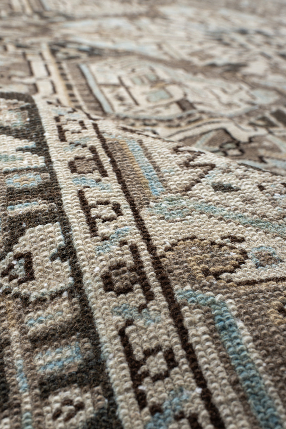 8' x 10' one-of-a-kind handmade antique Karaje large size rug. Color palette: ivory, taupe, charcoal, sky_blue, camel, brown
