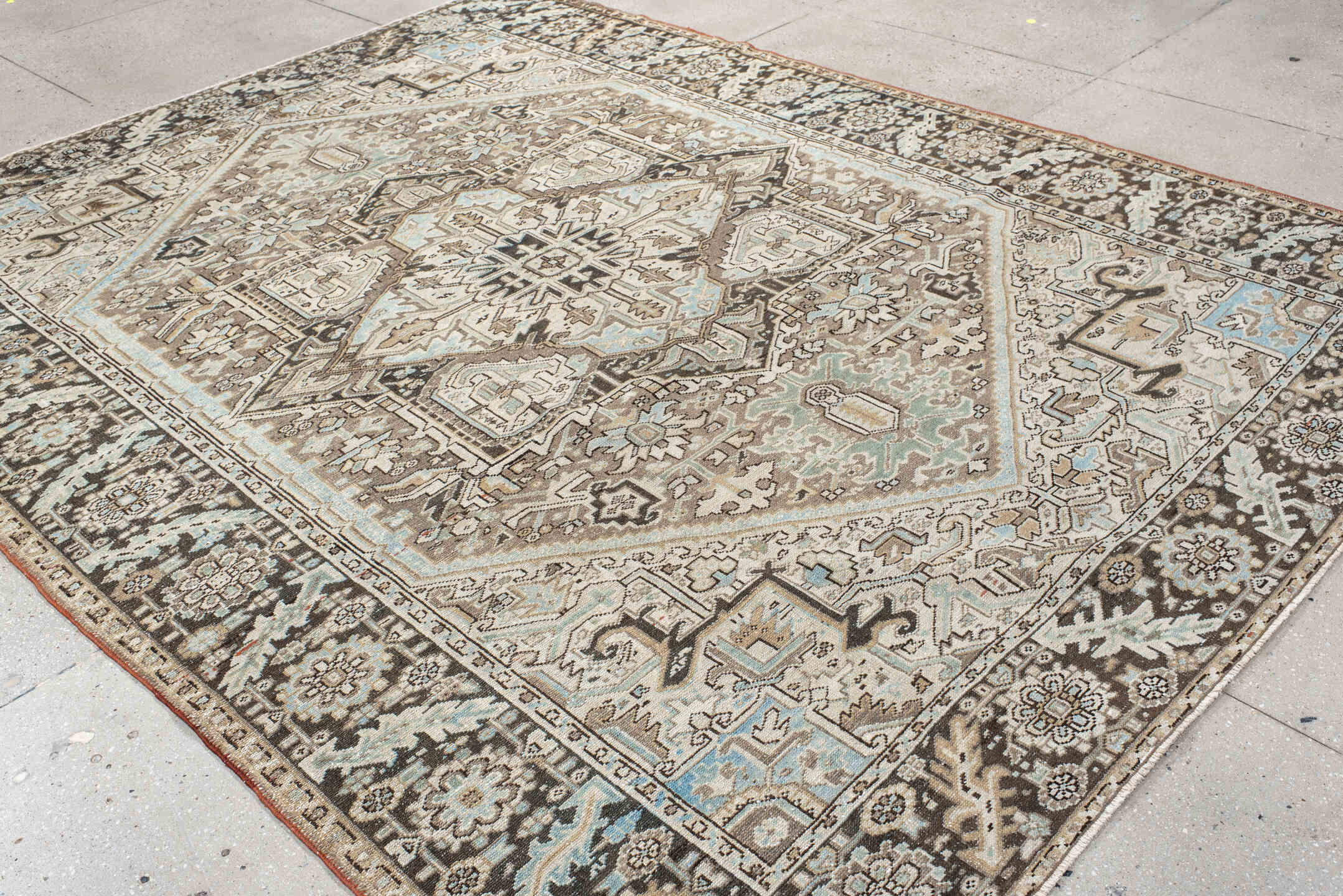 8' x 10' one-of-a-kind handmade antique Karaje large size rug. Color palette: ivory, taupe, charcoal, sky_blue, camel, brown