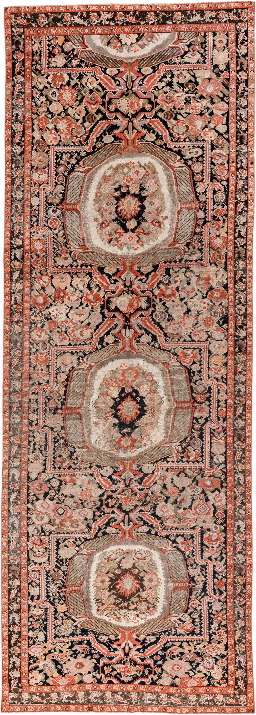 6' x 18' one-of-a-kind handmade vintage Karabagh rug. Color palette: ivory, charcoal, coral, rust, taupe, rose, cream, gray
