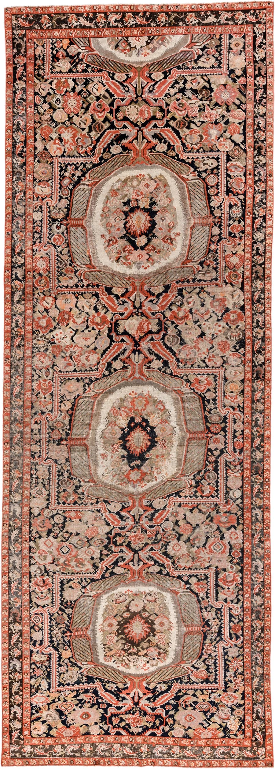 6' x 18' one-of-a-kind handmade vintage Karabagh rug. Color palette: ivory, charcoal, coral, rust, taupe, rose, cream, gray