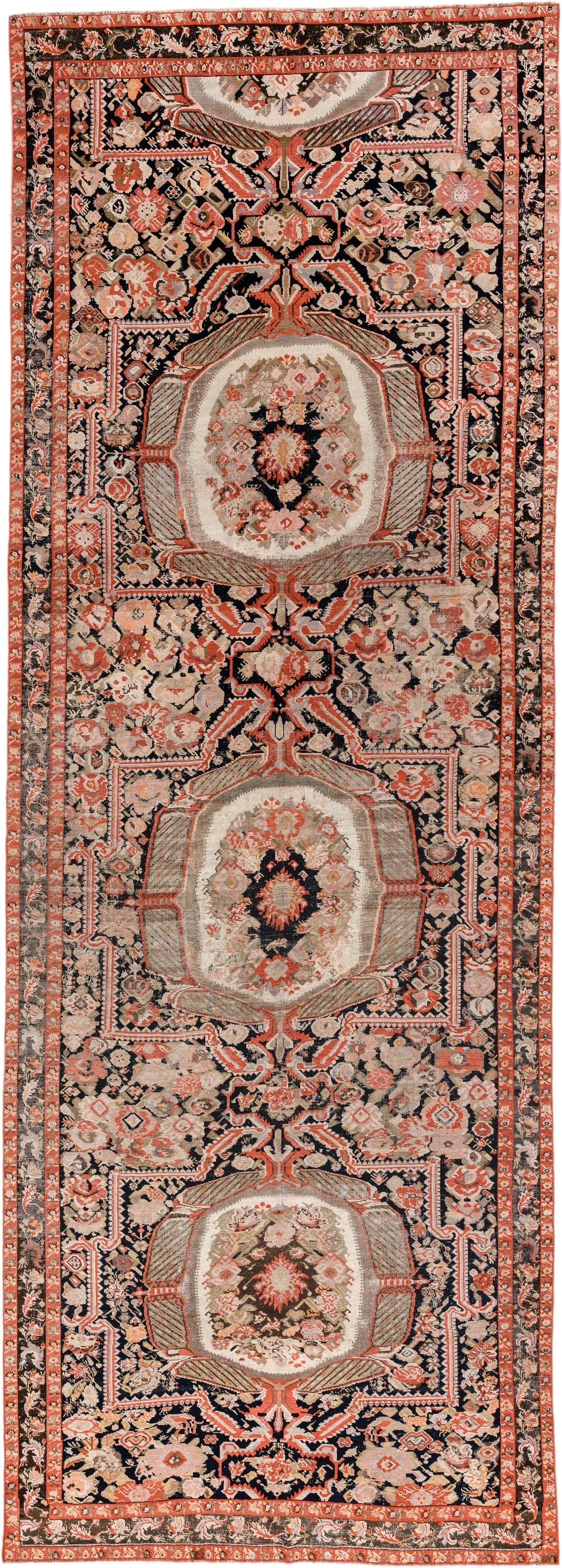 6' x 18' one-of-a-kind handmade vintage Karabagh rug. Color palette: ivory, charcoal, coral, rust, taupe, rose, cream, gray