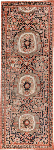 6' x 18' one-of-a-kind handmade vintage Karabagh rug. Color palette: ivory, charcoal, coral, rust, taupe, rose, cream, gray