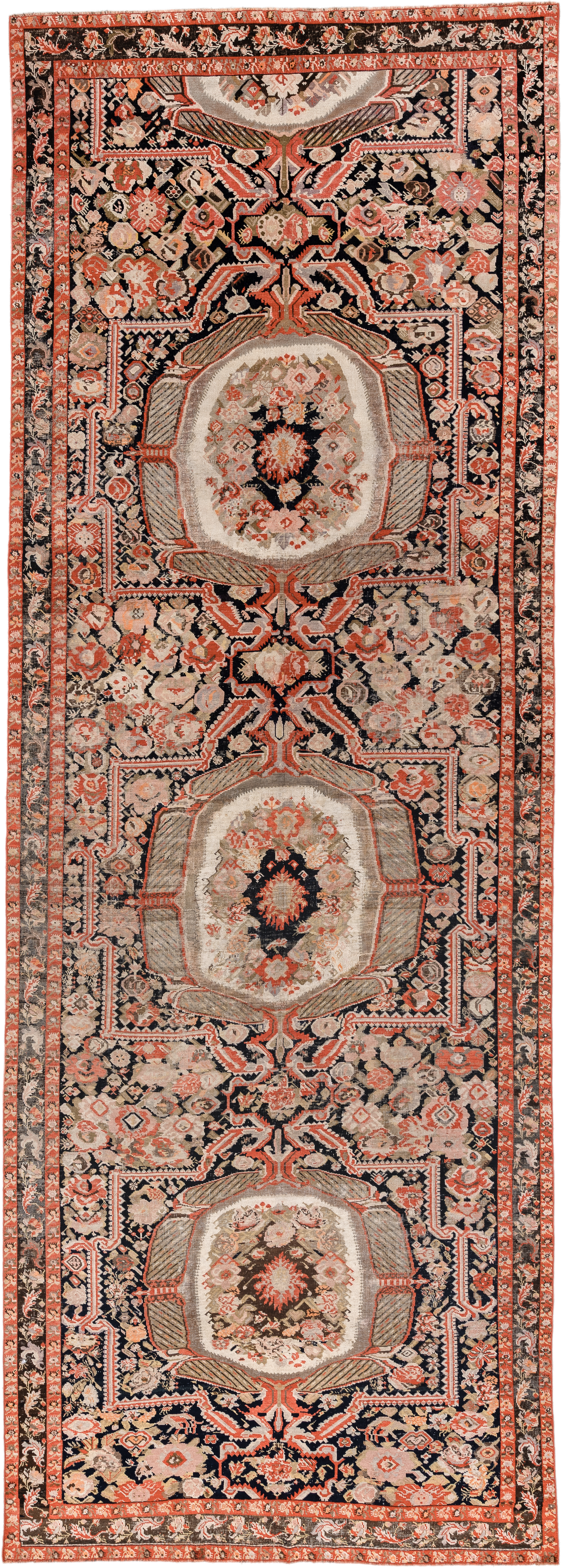 6' x 18' one-of-a-kind handmade vintage Karabagh rug. Color palette: ivory, charcoal, coral, rust, taupe, rose, cream, gray