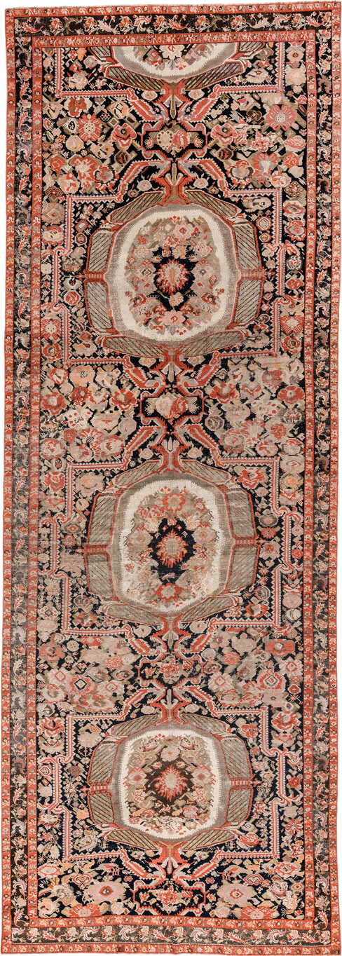 6' x 18' one-of-a-kind handmade vintage Karabagh rug. Color palette: black, brown, charcoal, gray, light gray, off-white