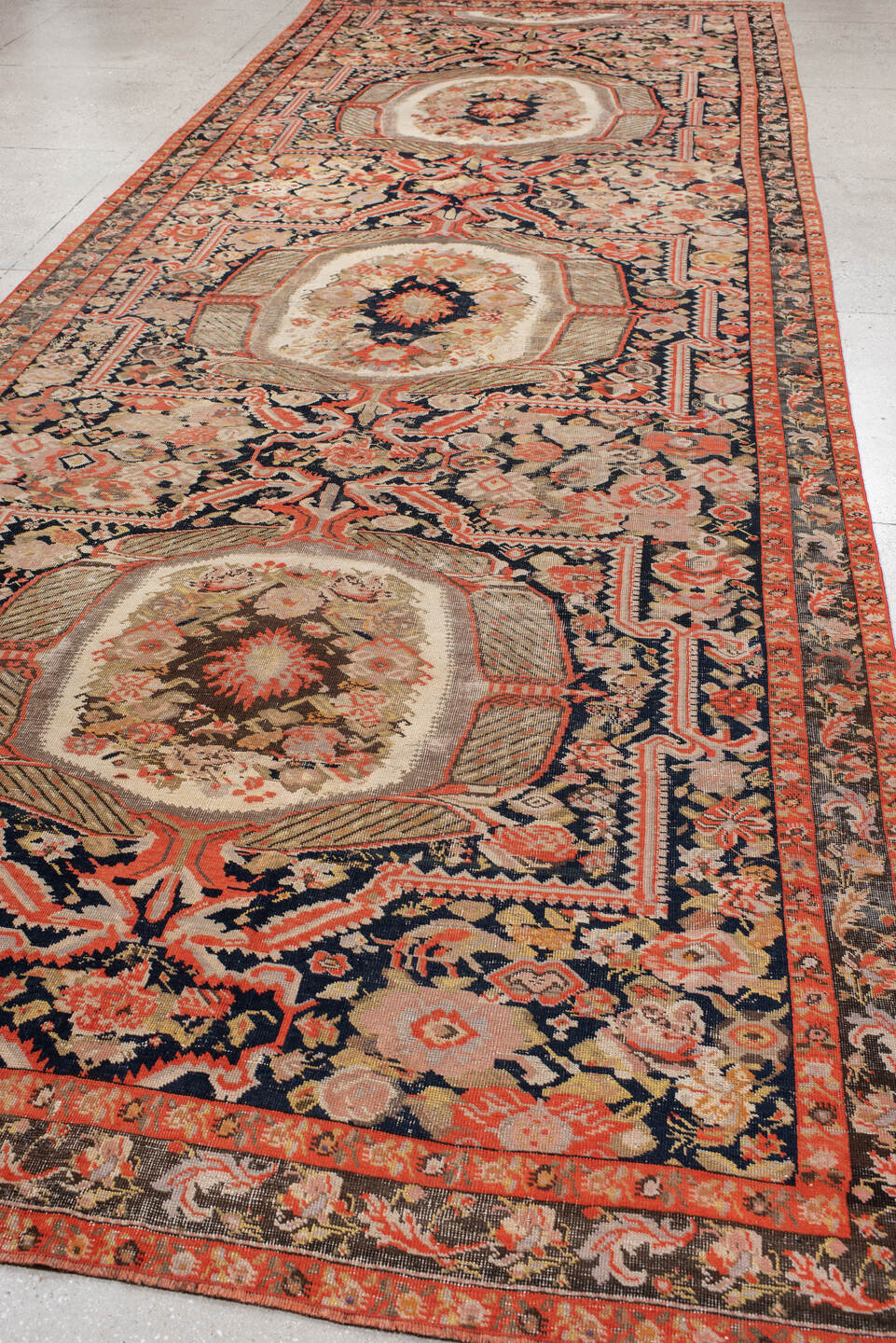 6' x 18' one-of-a-kind handmade vintage Karabagh rug. Color palette: ivory, charcoal, coral, rust, taupe, rose, cream, gray